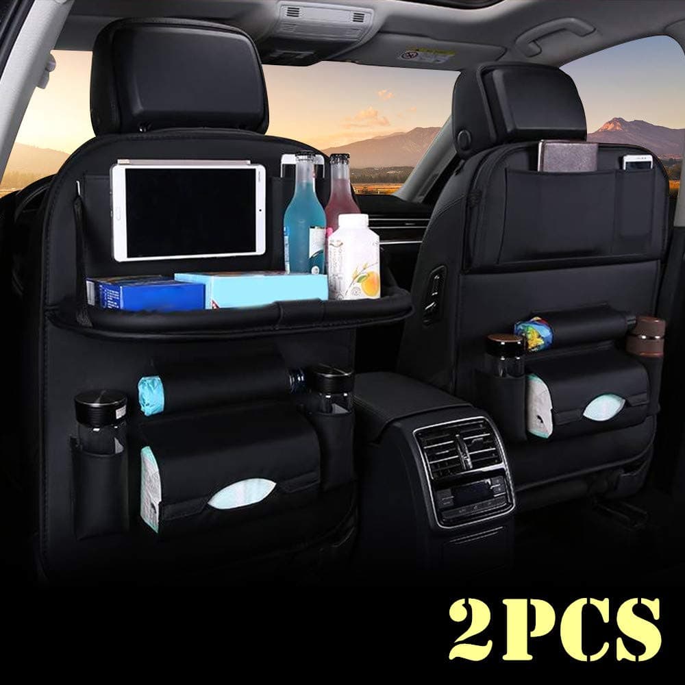 Car Backseat Organizer with Foldable Table Holder, PU Leather Backseat Car Organizer With Foldable Table Tray Car Seat Back Protectors With 9 Storage Pockets For Travel,2 Pack,Black
