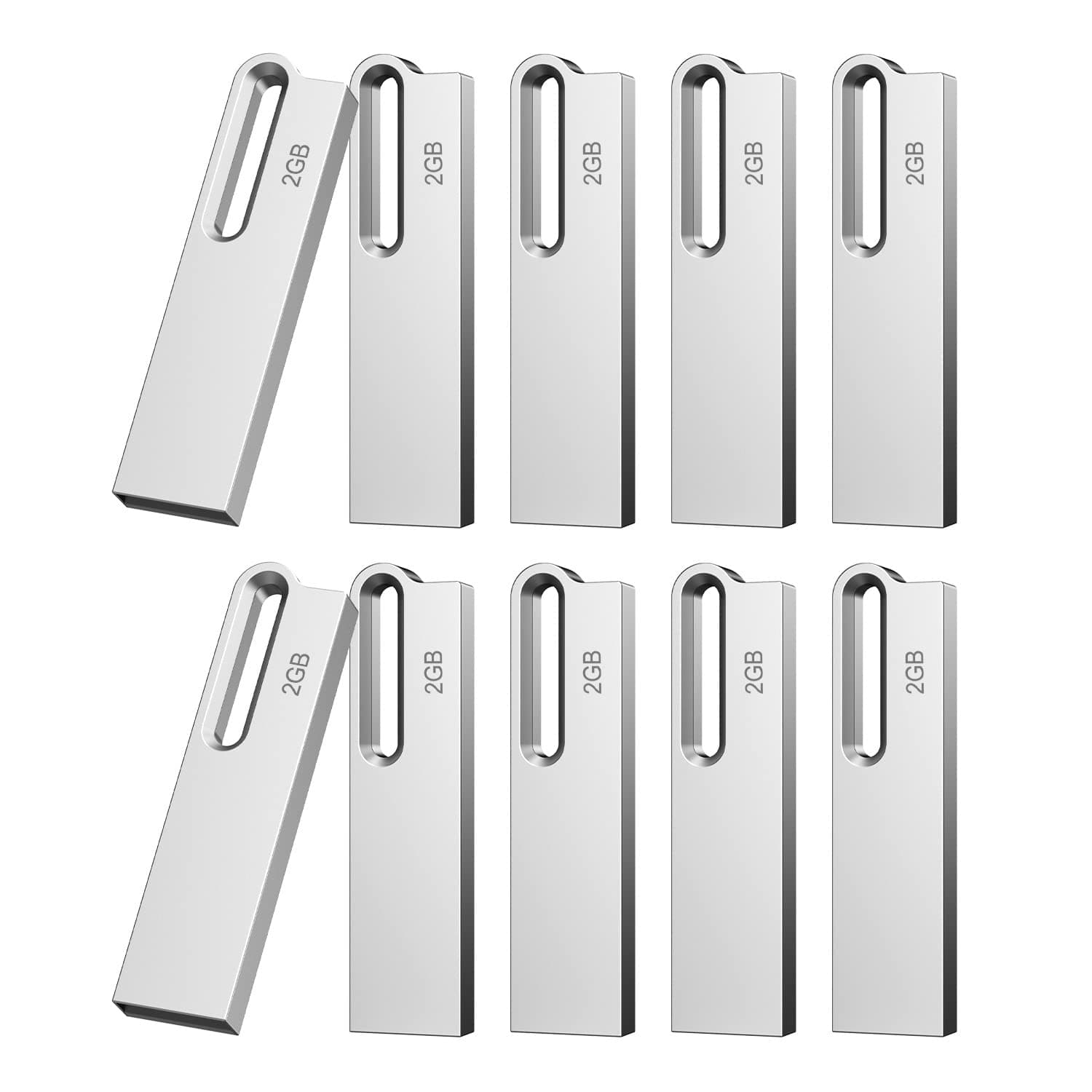 10 Pack 2GB Flash Drive Bulk Metal USB Flash Drives USB 2.0 Thumb Drives USB Drive with Keychain, Waterproof - Silver