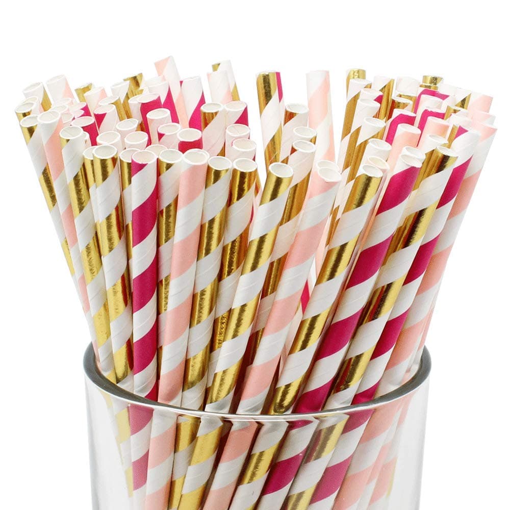 Just Artifacts Premium Disposable Drinking Paper Straws (100pcs, Light Pink/Fuchsia/Metallic Gold)