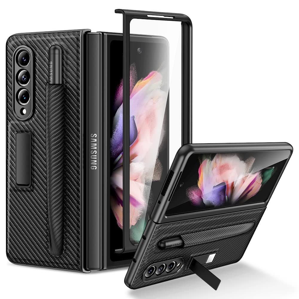 VEGO Case for Samsung Galaxy Z Fold 3 Case with S Pen Holder, Magnetic Kickstand Case with Front Screen Protector, Luxury PU Leather Slim Protective Cover Case for Galaxy Z Fold 3 5G - Carbon Fiber