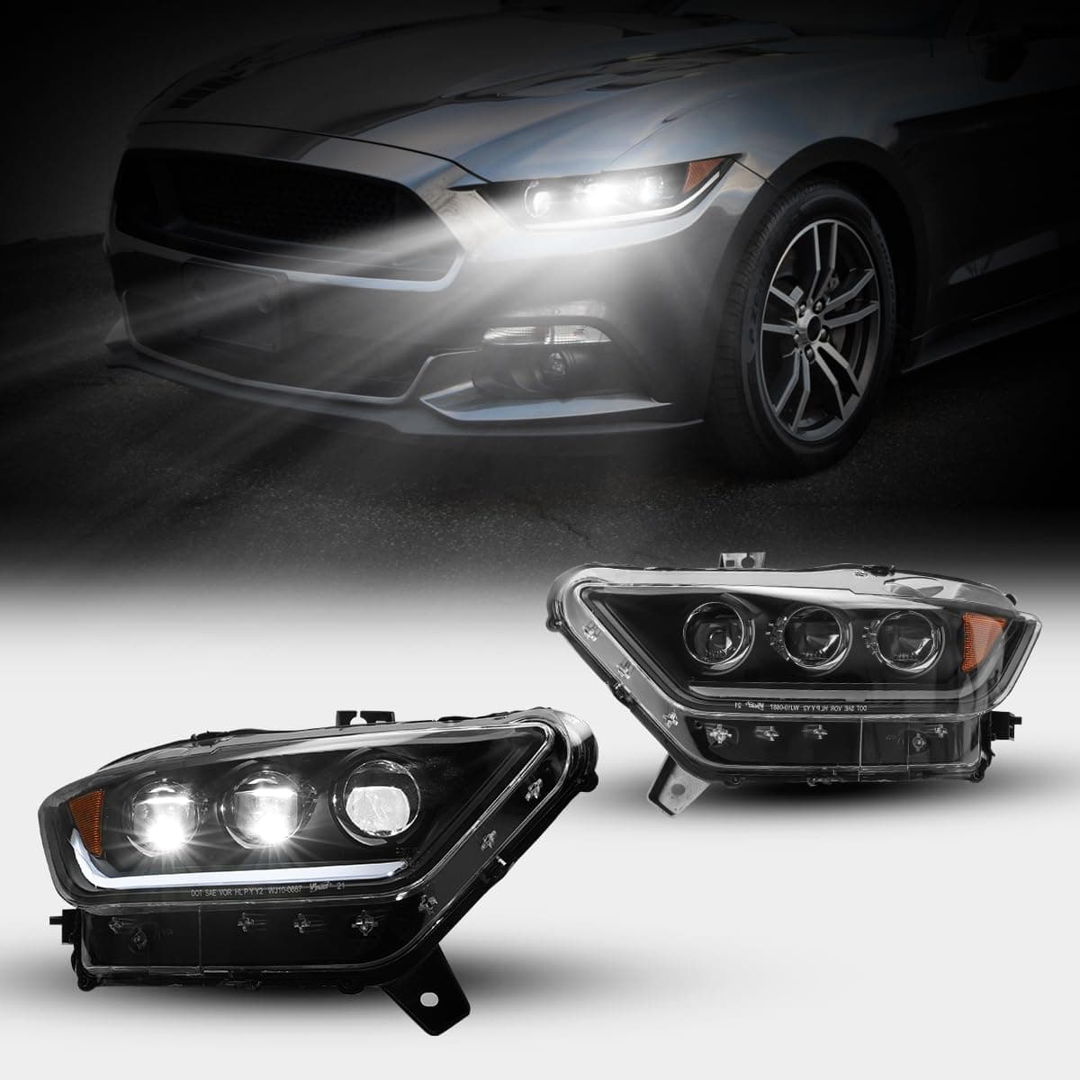 Winjet LED Headlight Assembly for 2015 2016 2017 Ford Mustang Coupe & Convertible / 2016-2020 Mustang Shelby GT350 / 2020-2022 Mustang Shelby GT500 Projector Headlamp Black Housing Clear Lens Pair