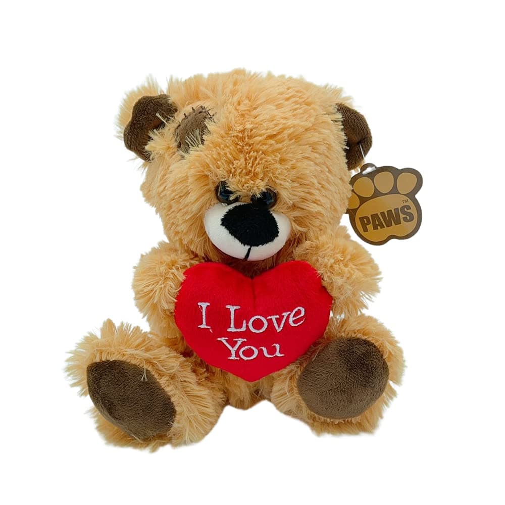 Brown Patchwork Teddy Bear holding Red Heart with "I Love You" written on it (Golden Brown, 8")