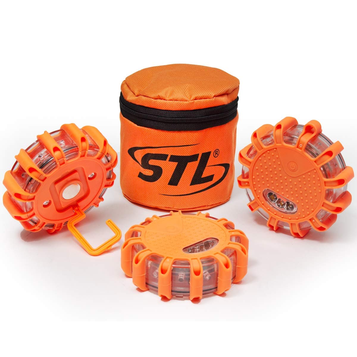 SpeedTech Lights 3 Pack of 15 LED Red Disc Warning Beacon Emergency Road Flares for The Car, Truck, Bike, RV Vehicles - Roadside Emergency Kit - AAA Battery & Carrying Case Included - Safety