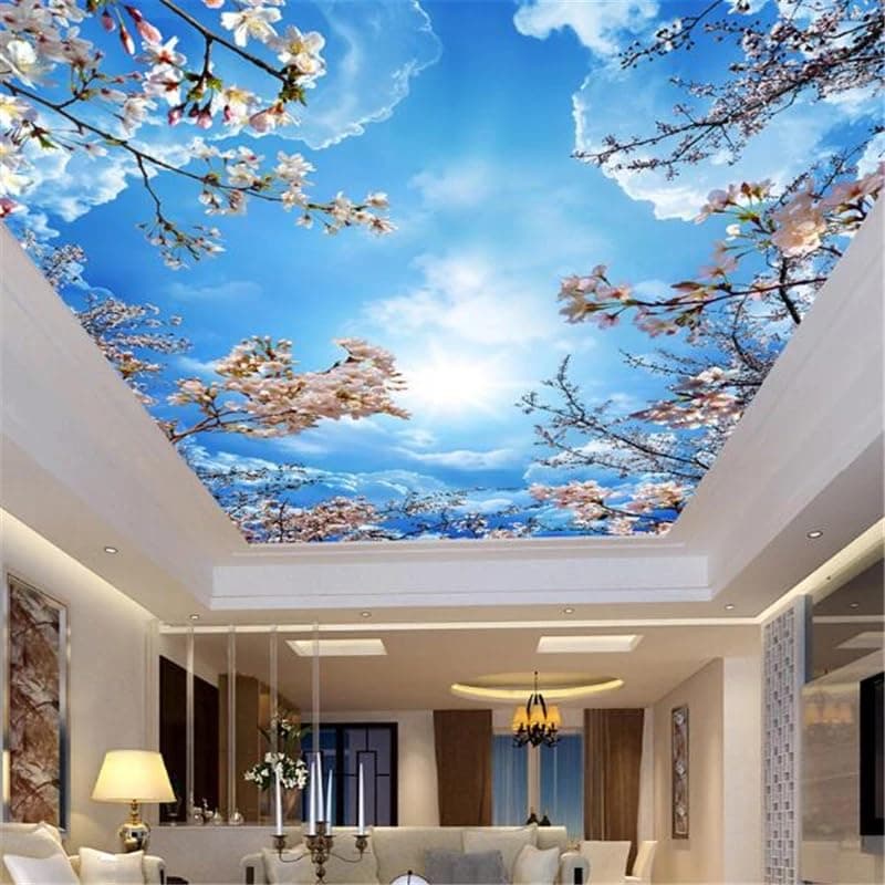 Custom Wallpaper Blue Sky White Cloud 3D Peel and Stick Mural Cherry Blossom Ceiling Mural Wall Papers Home Decor 3D Zenith Wallpaper