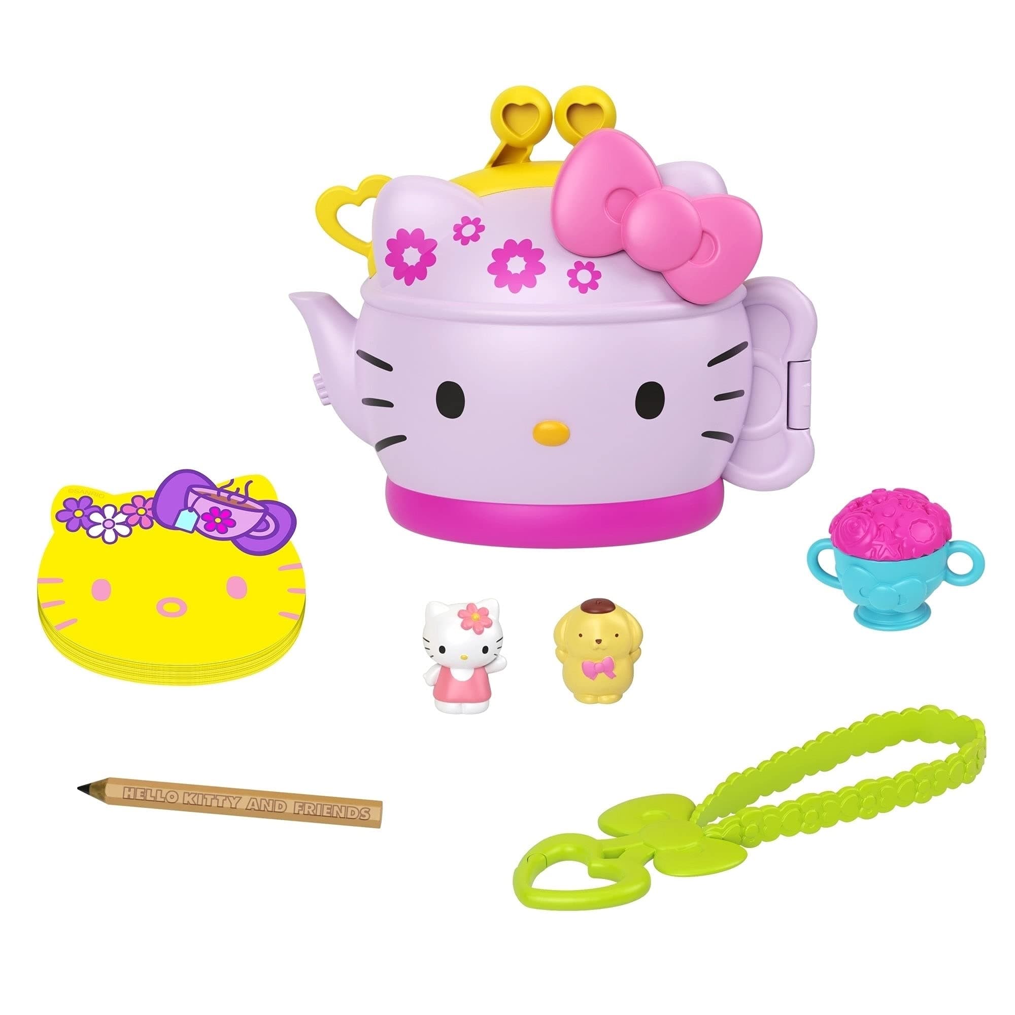 Mattel Hello Kitty Tea Party Compact (4.9-in / 12.5-cm) with 2 Sanrio Minis Figures, Stationery Notepad and Accessories, Great Gift for Kids Ages 4Y+