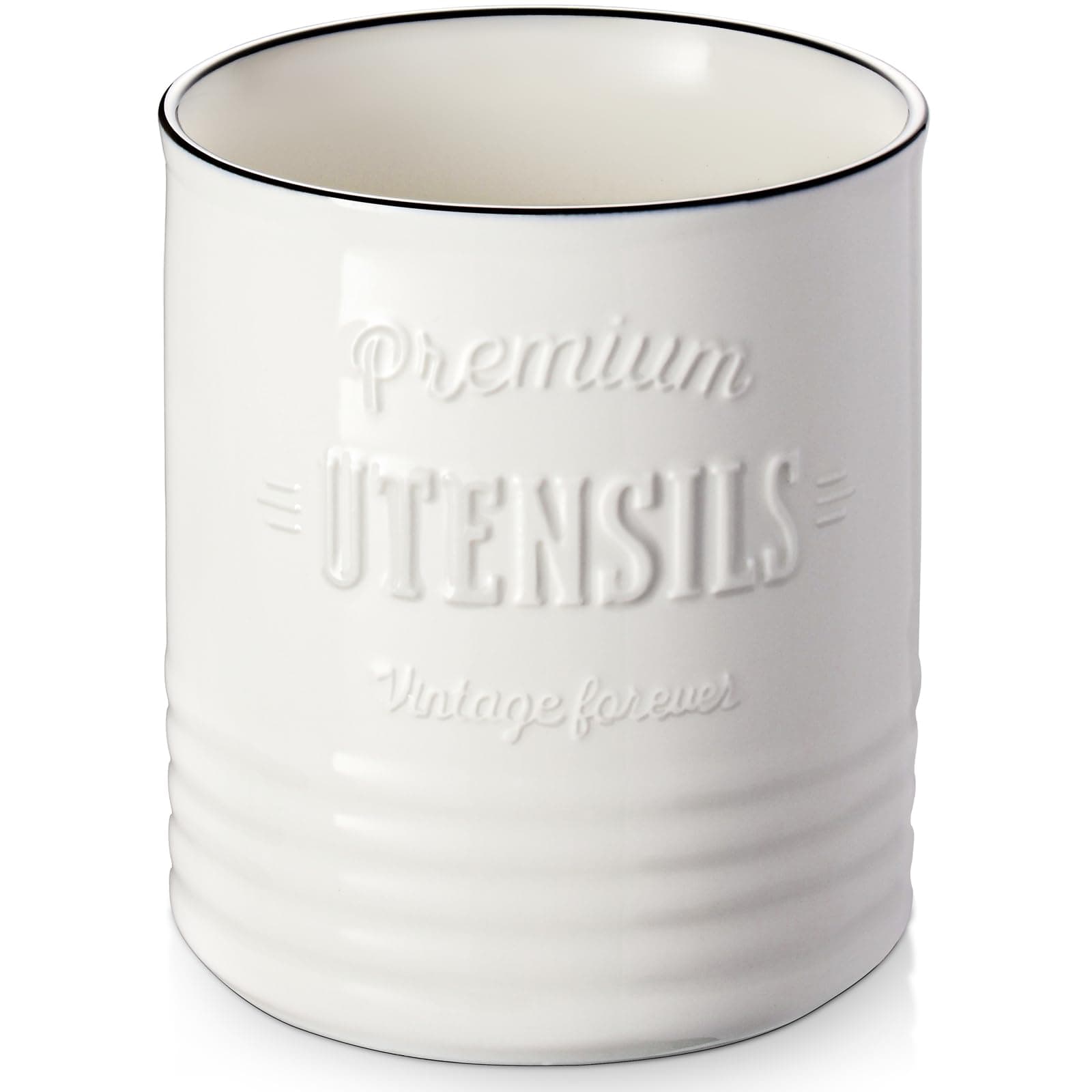 DOWAN Kitchen Utensil Holder for Countertop, 7.2″Large Ceramic Utensil Crock, Vintage Farmhouse Kitchen Décor, Deep and Stable, Table-Protection Cork Mat, Easy to Clean, White Cooking Utensil Holder