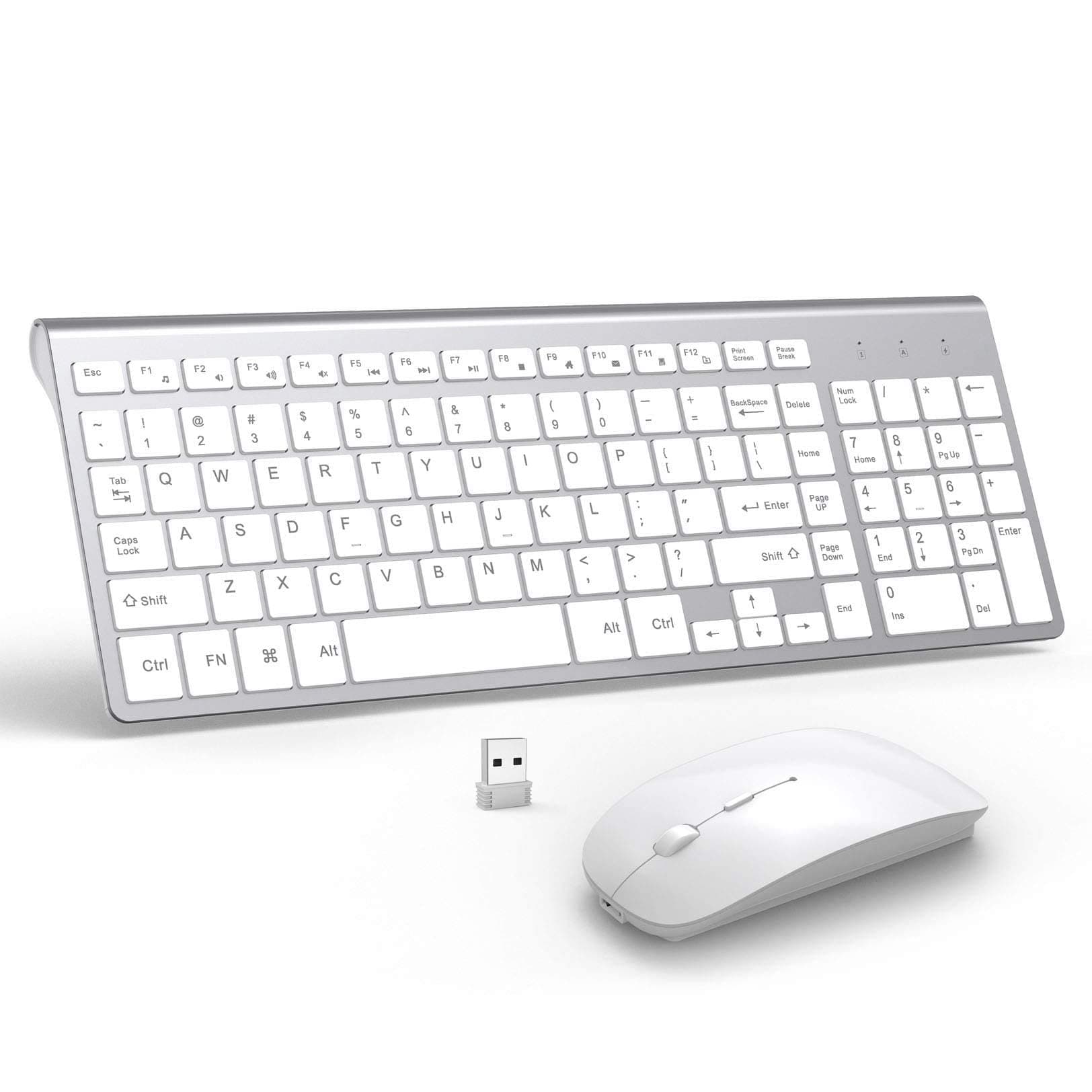 Wireless Keyboard and Mouse Combo, Gamcatz 2.4G Ultra Thin Compact Keyboard and Silent Type-C Rechargeable Mouse for Mac iMac MacBook Air PC Laptop Tablet Computer Windows-Silver White