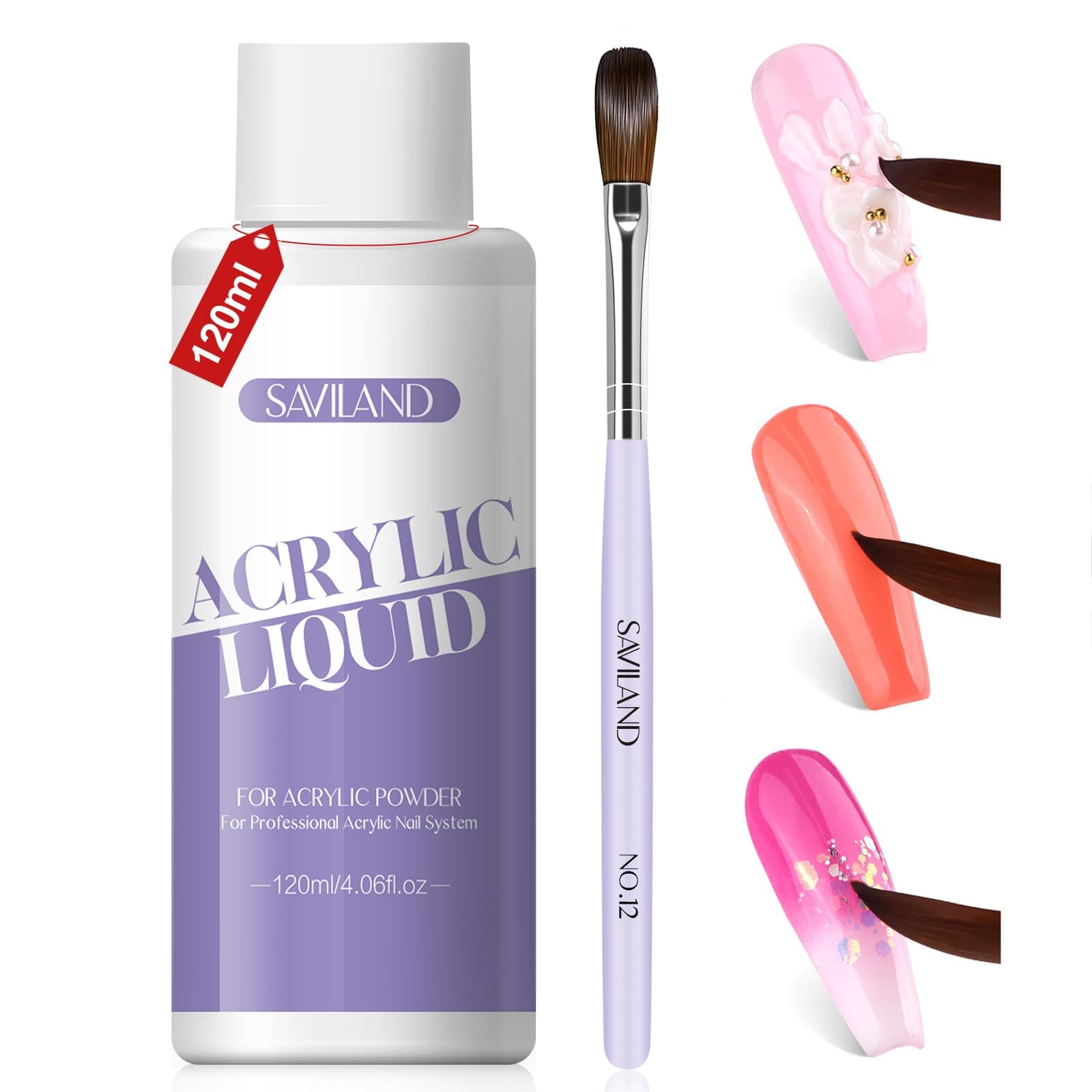 SAVILAND Acrylic Nail Liquid Kit: 4.06 OZ Monomer with Size 12 Nail Brush for Acrylic Powder Application Nail Art Extension 3D Carving Liquid Monomer for Beginners Home DIY