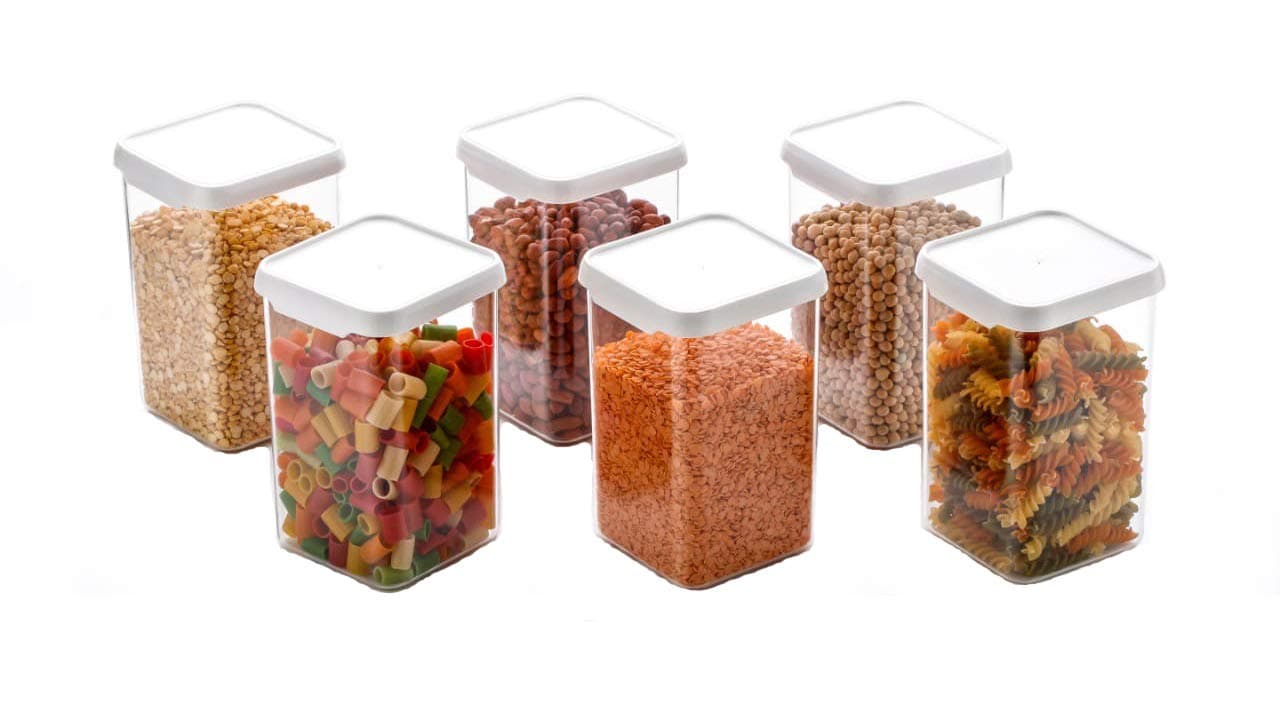 MACHAK Plastic Square Kitchen Storage Container Jar Set of 6, 1100 ml, Clear