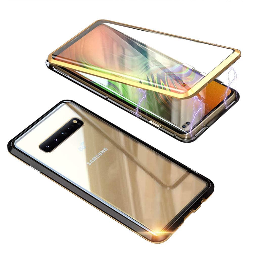 Compatible Galaxy S10 5G Case, HONTECH Magnetic Adsorption Front & Back Clear Tempered Glass Magnet Metal Frame Flip Cover with Built-in Screen Protector 6.7 inch (Black-Gold)