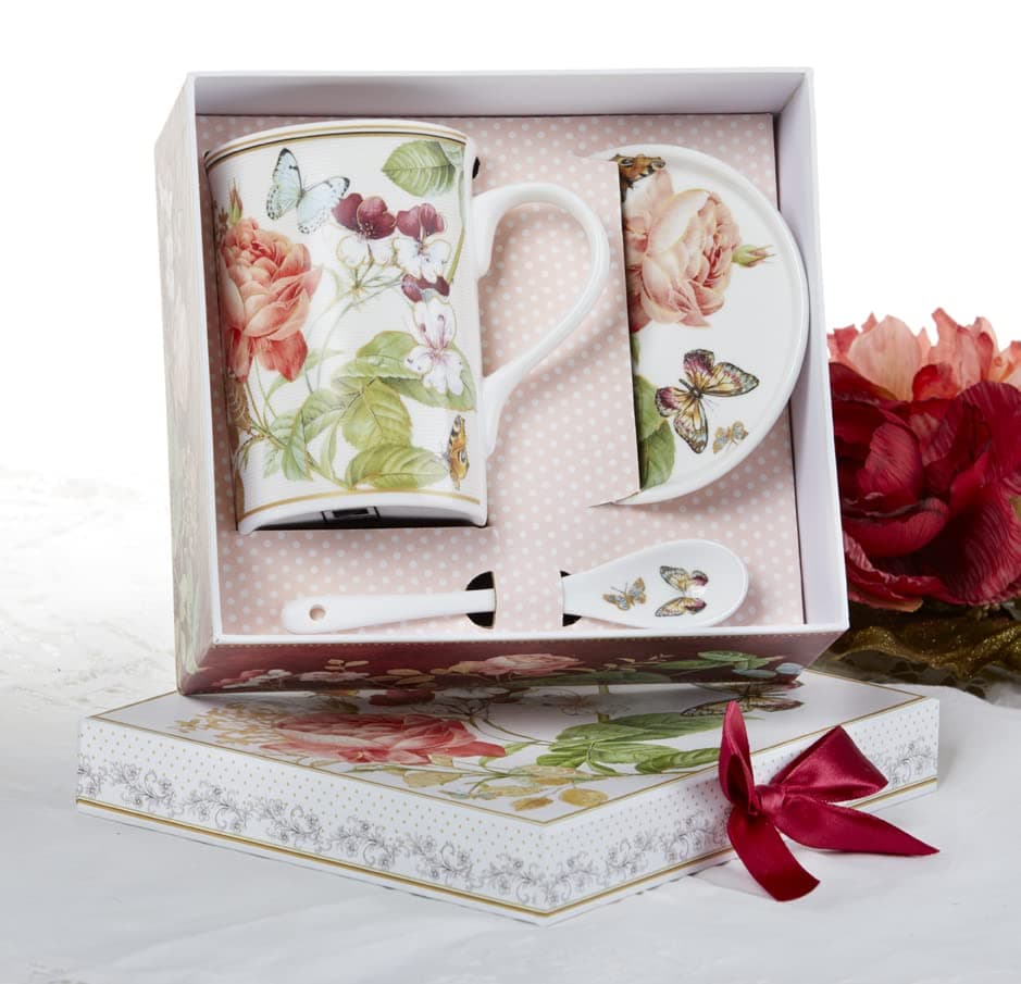 Mug-Coaster-Spoon Set, Burg Peony