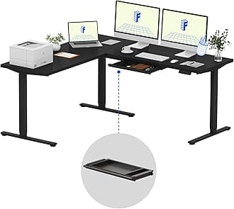 FLEXISPOT L Shaped Standing Desk, 71 x 63 Inch Electric Height Adjustable Corner Desk, Sit Stand Computer Workstation, Preset Controller, Home Office, Black Frame with Black Top, Black Drawer