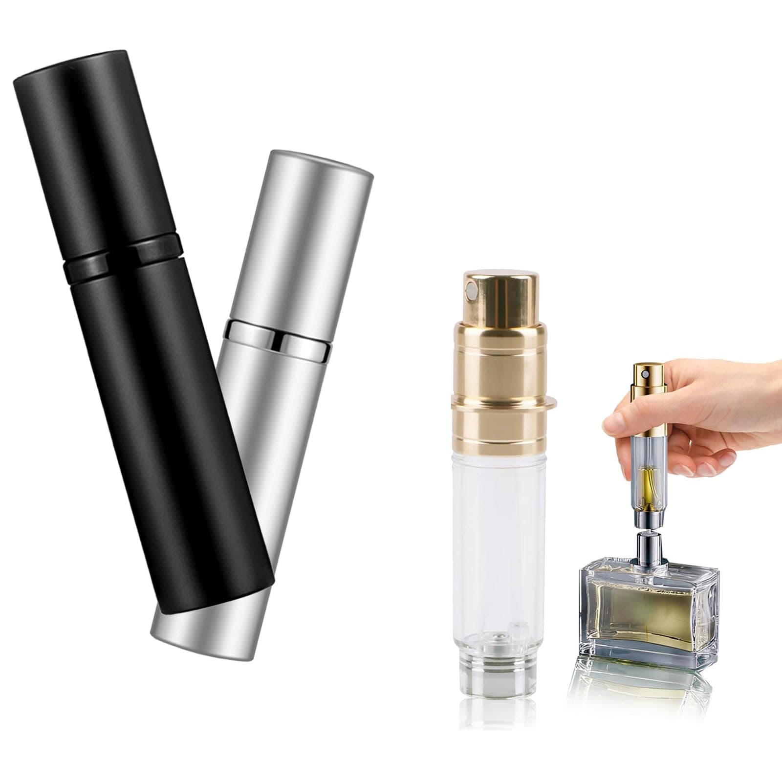 2Pcs Travel Refillable Perfume Bottle : 5ml Mini Portable Perfume Empty Atomisers - Bottom Fill Pocket P-e-r-f-u-m-e Dispenser, Unisex for Travel Vacation Birthday Anniversary (Black+Silver)