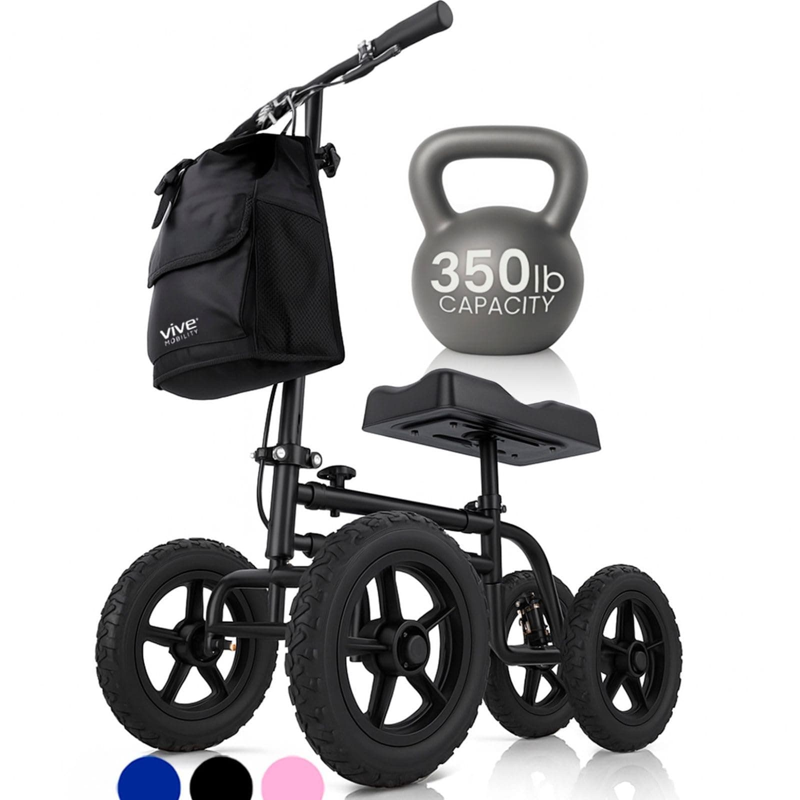 Vive Mobility All Terrain Knee Scooter - Knee Walker for Broken Leg, Foot, Ankle Injuries - Kneeling Quad Roller Cart - Orthopedic Seat Pad for Adult & Elderly