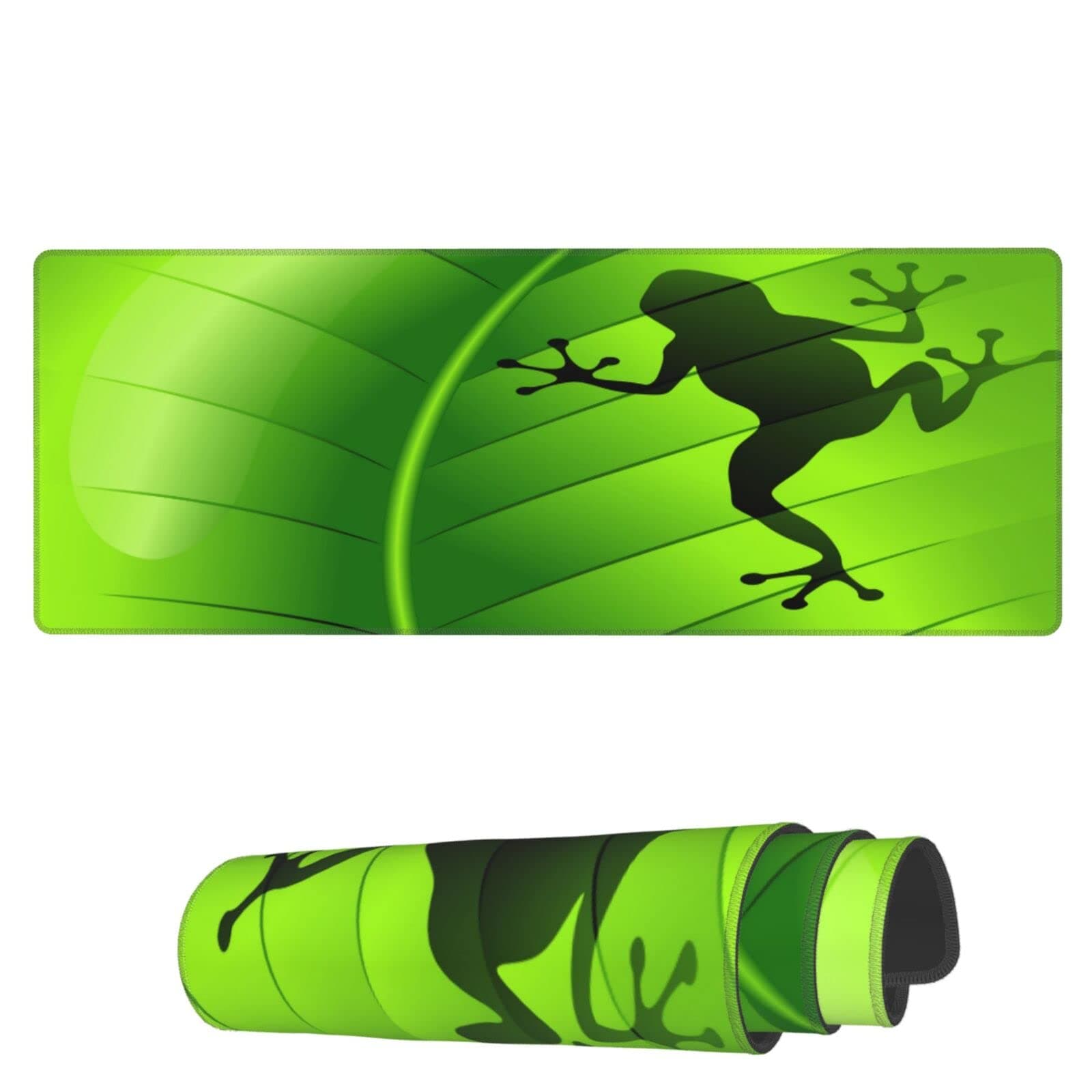 Laptop Mouse Pad Frog Shape on Green Leaf Desk Mat with Stitched Edges 31.5X 11.8 inch Non-Slip Large Keyboard Rubber Writing Table Mat for Office Home