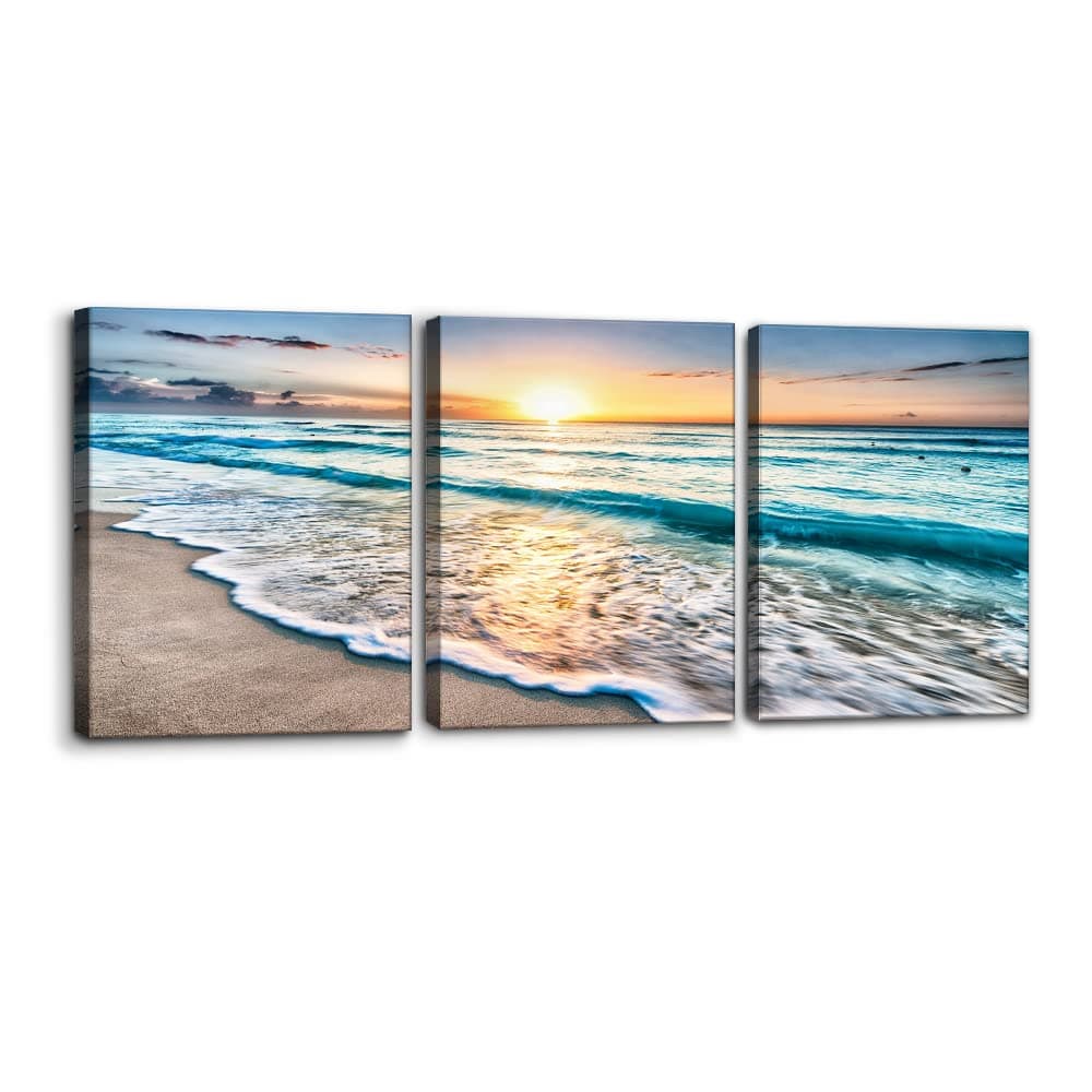 3 Panels Beach Canvas Wall Art for Home Decor Blue Sea Sunset White Beach Painting The Picture Print on Canvas Seascape The Pictures for Home Decor Decoration Ready to Hang - 12" x 16" x 3