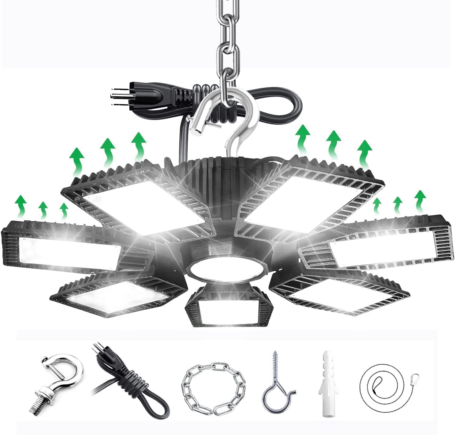 LED Garage Lights,plug in shop light, with US Plug 5ft Cable 7 Panels Adjustable 250W 30000LM Bright 6500K Warehouse Residential Barn Factory Workshop hanking Shop Lighting (BLACK, 250W-1PACK)