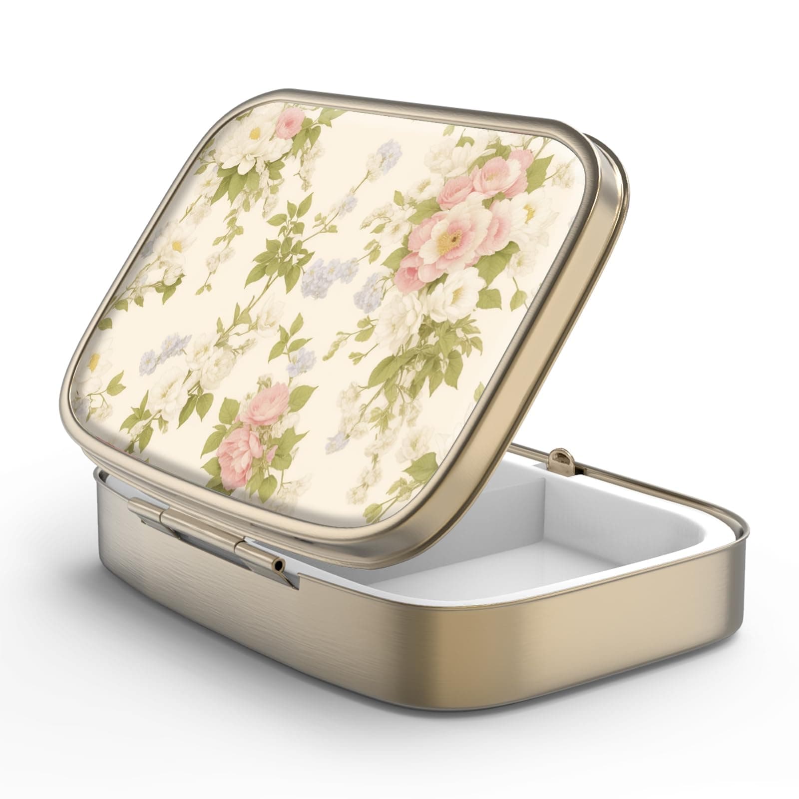 Pill Case Pill Box with Mirror Retro 2 Compartment Small Pill Case for Purse or Pocket Bronze Rectangular Pill Box or Vitamins, Fish Oil, Supplements, Pill Containe Travel Gifts（Vintage Floral）