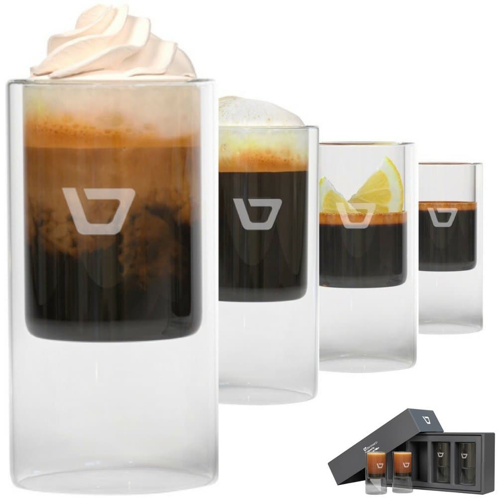 Coffee Shot Glasses, Upscale, Double-walled 2.5ounce, Set of Four (4) 75ml Insulated Cups for Espresso Drinks. Gift Boxed.