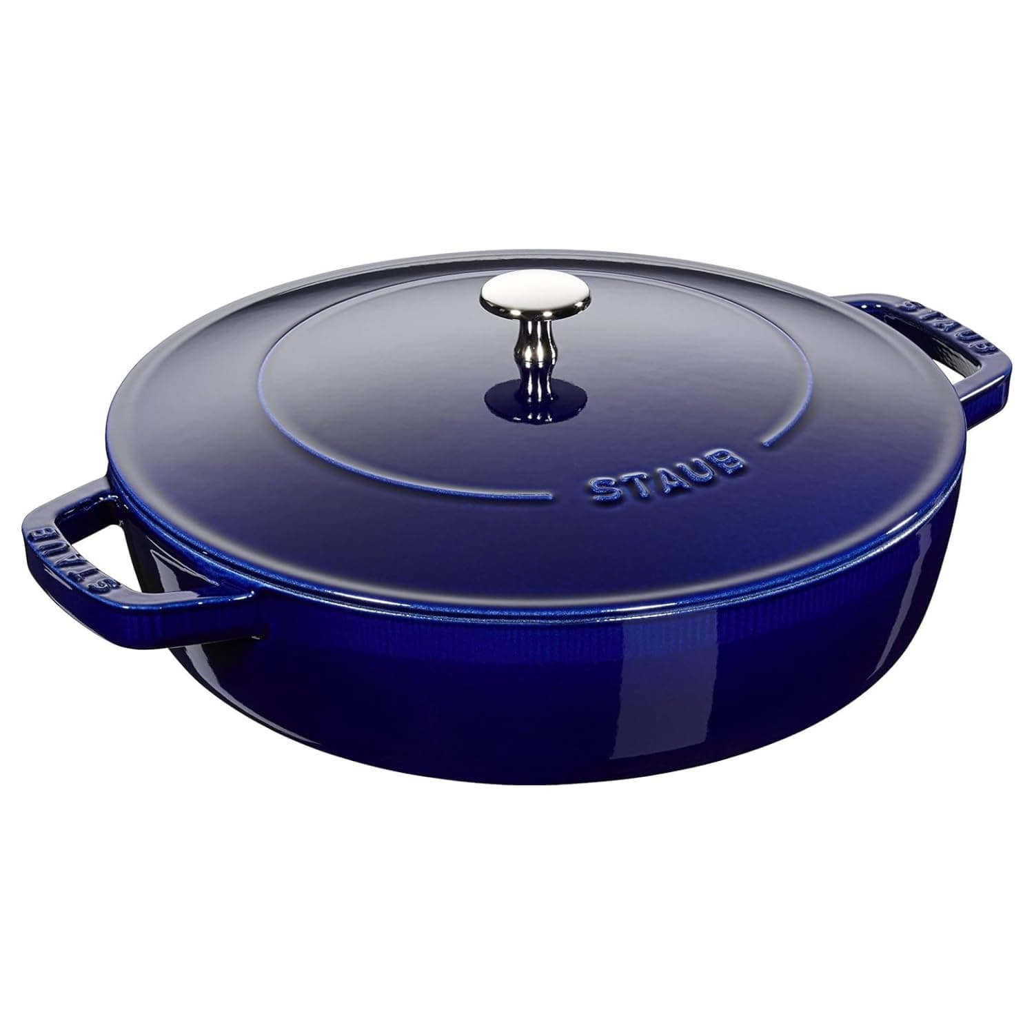 Braiser 28cm Dark Blue 3.7L Cast Iron Material Matte black inner enamel. Lid with Aroma Rain Structure. Suitable for all types of hobs, incl. induction. Ovensafe. Grill Safe.