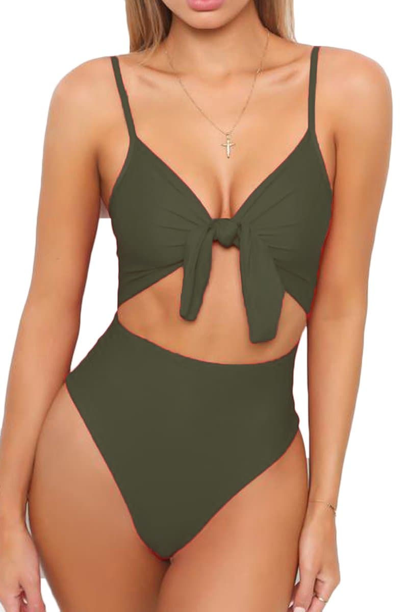 Womens Spaghetti Strap Tie Knot Front Cutout High Cut One Piece Swimsuit