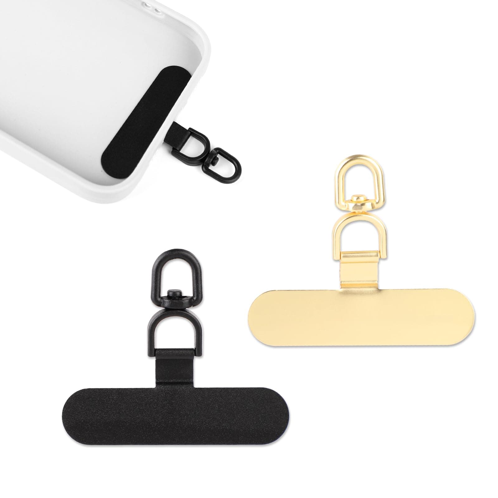 2pcs Phone Tether Tabs, Universal Phone Lanyard Tab Phone Strap Replacement Part 360° Rotatable Connector Metal Phone Lanyard Patch Pad for Cell Phone Cases (Black, Gold)
