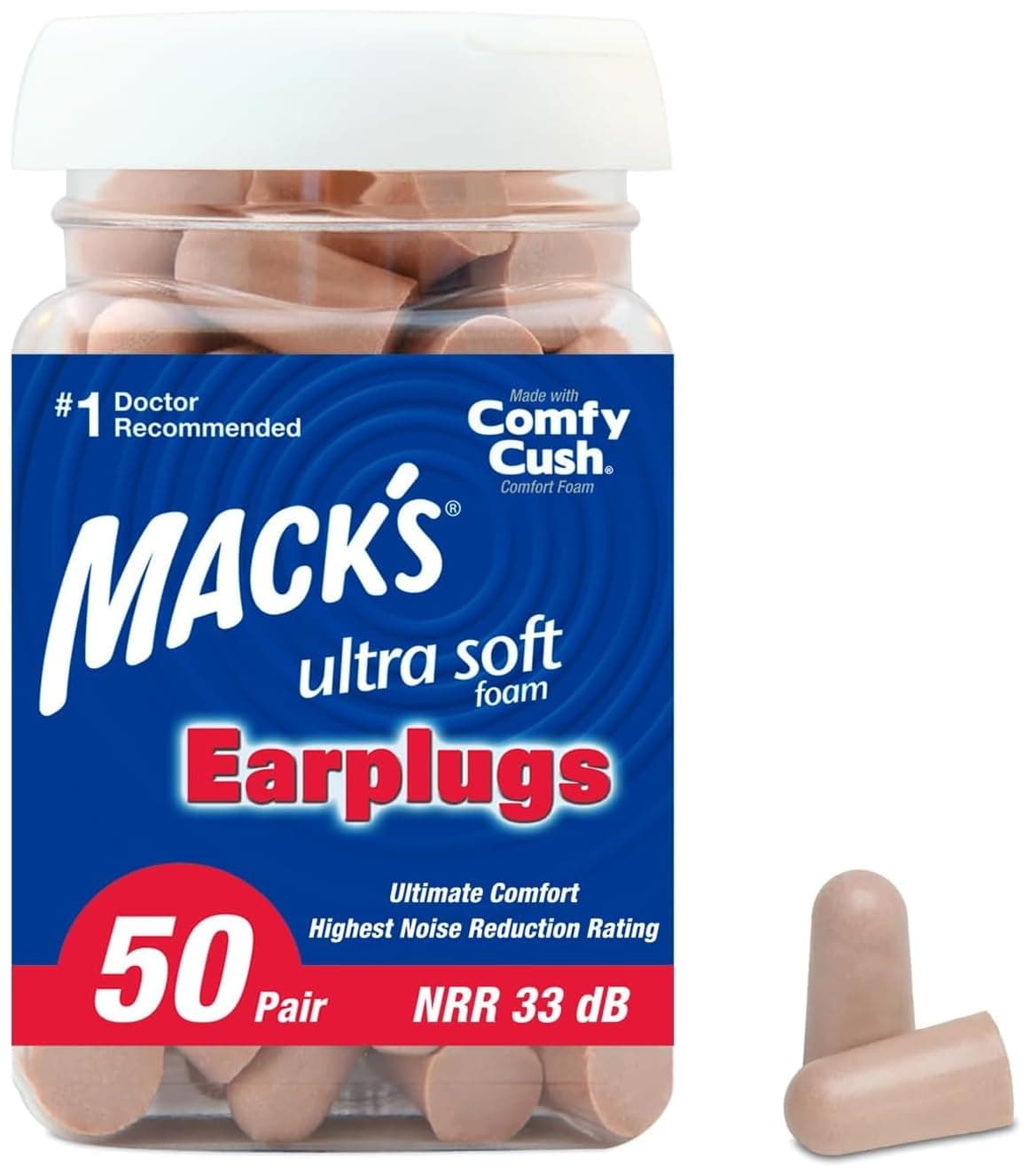 Mack's Ultra Soft Foam Earplugs, 50 Pair - 33dB Highest NRR, Comfortable Ear Plugs for Sleeping, Snoring, Travel, Concerts, Studying, Loud Noise, Work