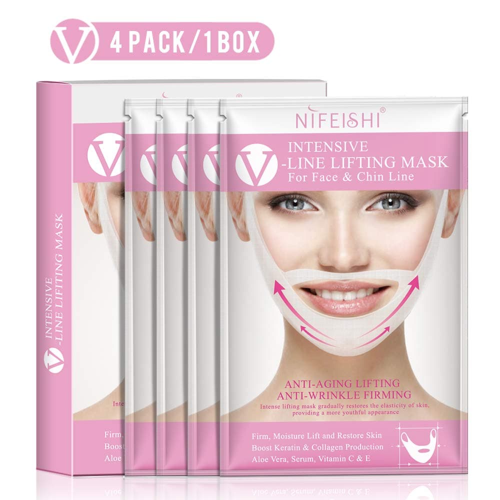 V Line Mask and Double Chin Reducer, Intense Lifting Patch for Chin Up & V Line, Firming and Moisturizing Korean Chin Mask Face Lifting Masks 4 Pcs