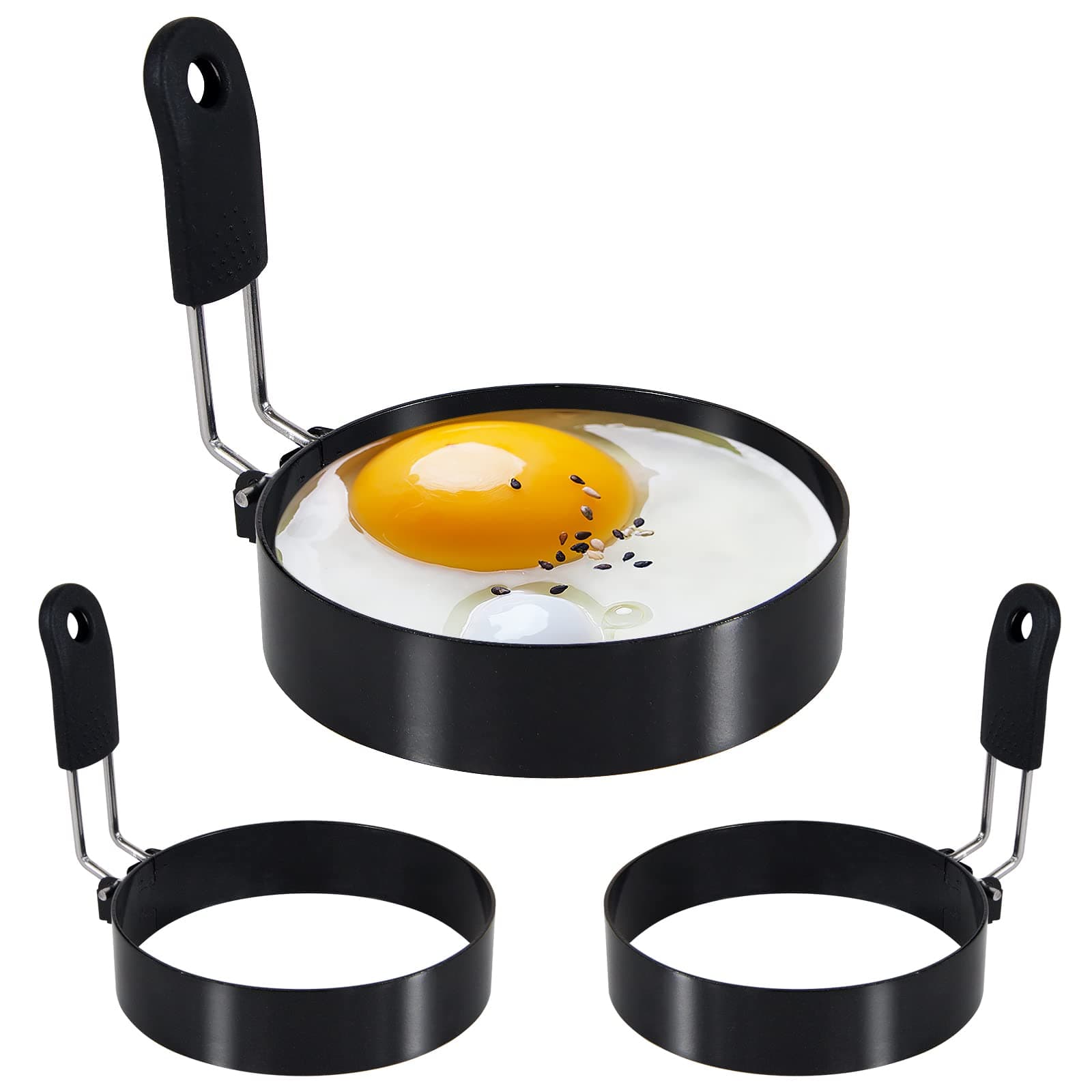 3-Pack 3.5'' Egg Rings Set with Silicone Handle, Stainless Steel Egg Cooking Rings，Nonstick，For Frying Eggs and English Muffins Pancake, Egg Mold Shaper For Breakfast