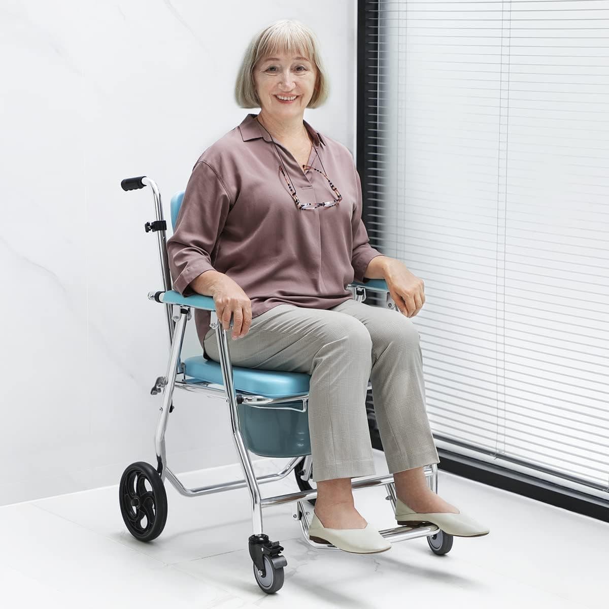 OasisSpace Folding Shower Commode Wheelchair - 300lbs Bedside Commode with Padded Seat, Waterproof Rolling Shower Chair with Arms and Backrest, Shower Chair with Wheels (FSA or HSA Eligible)