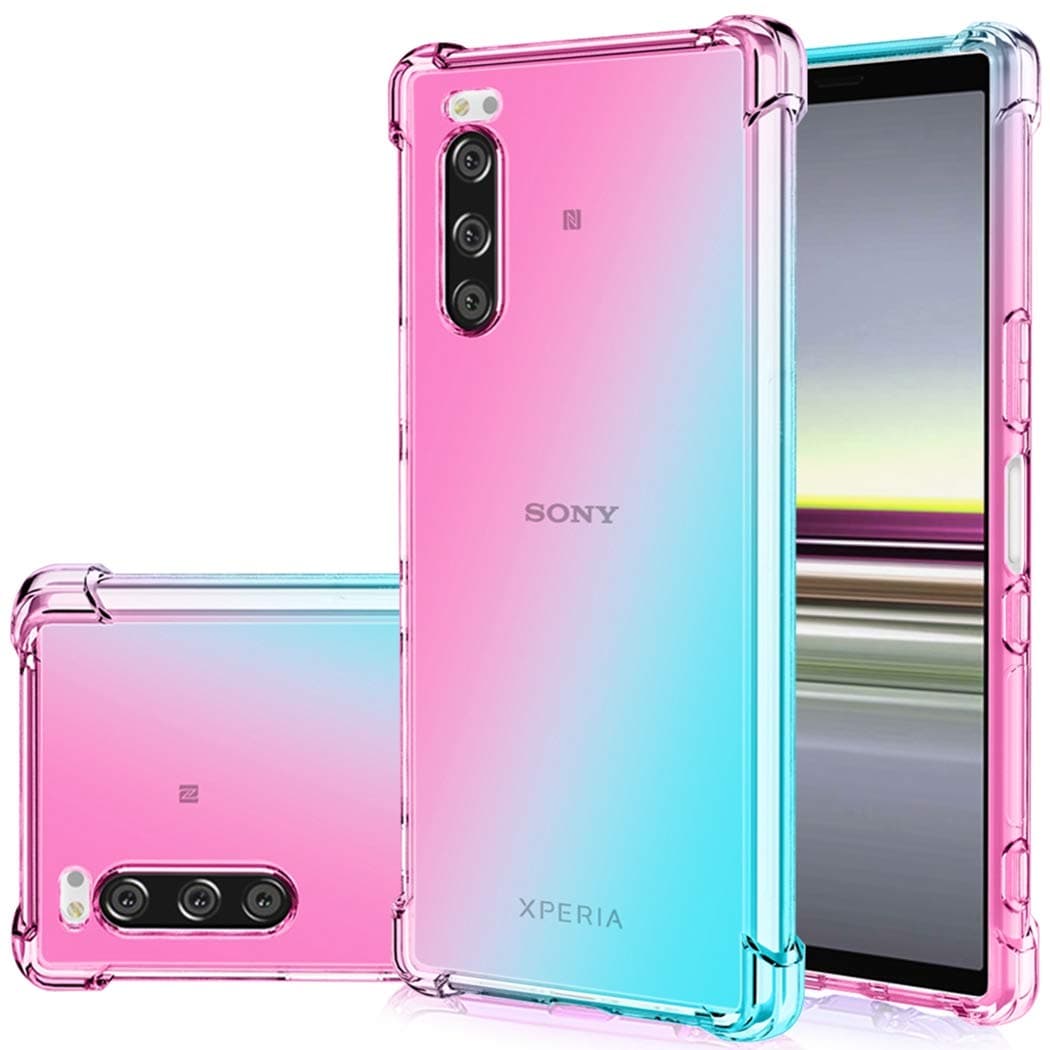 Jhxtech Sony Xperia 5 Case, Clear Cute Gradient Phone Case, Slim Anti Scratch Flexible TPU Cover, Shockproof Protective Case for Sony Xperia 5 (Pink/Green)