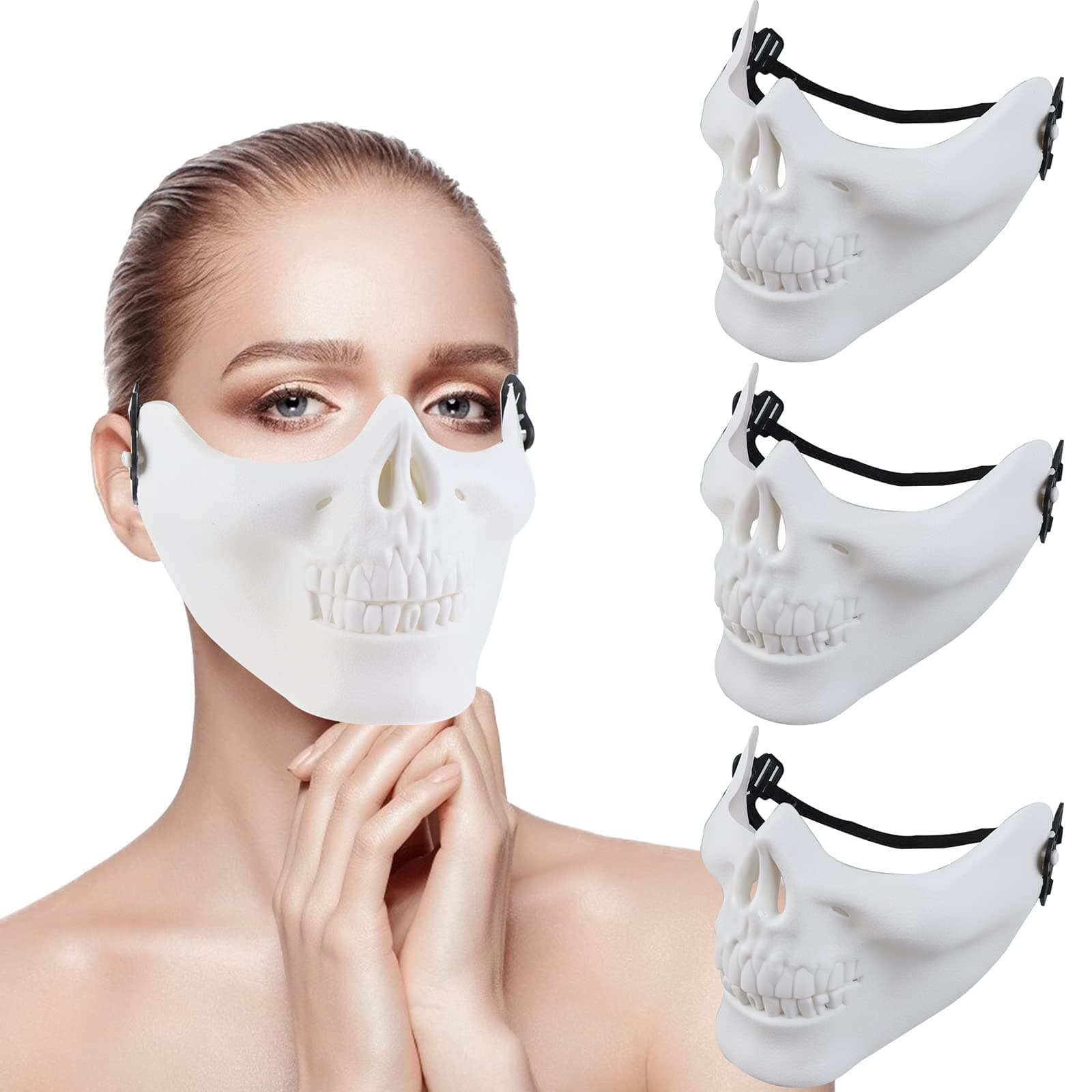 Vanproo 4 Pcs Skull Skeleton Mask Halloween Mask, Reusable Adjustable Face Skeleton Mask for Cosplay Masquerade Party, Costume Party (White)