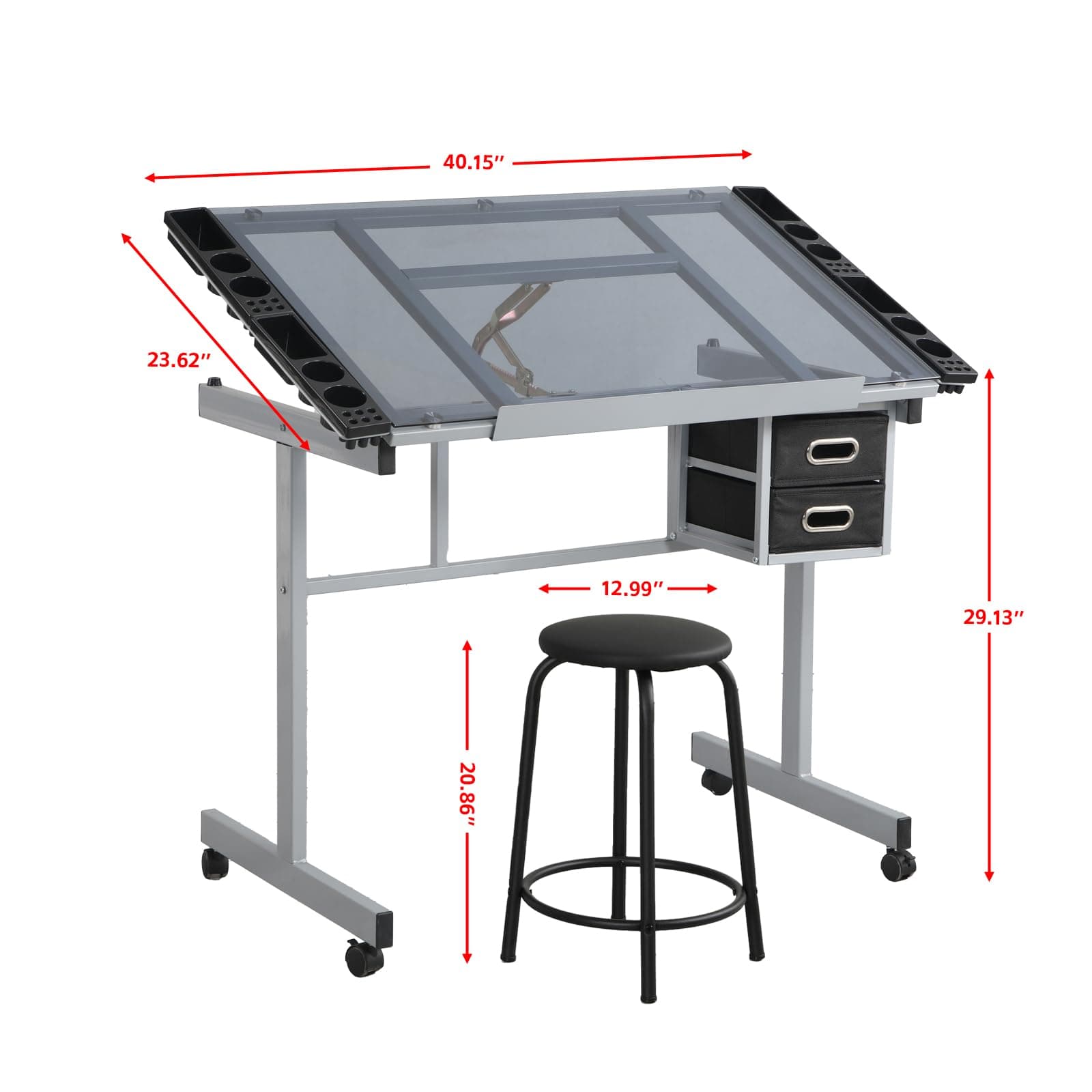 Portable Drafting Table, Adjustable Drawing Desk with Glass Table Top, 4 Wheels, Storage, Ideal Craft Table for Adults, Diamond Art, Painting, Architecture Supplies (Silver)