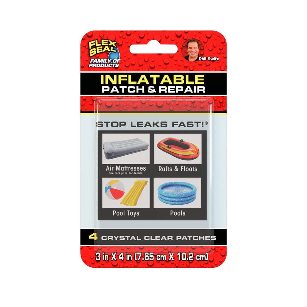 Flex Seal Inflatable Patch & Repair Kit, Use on Air Mattresses, Bounce Houses, Rafts and Floats, Pool Toys and Pools, Smooth PVC Plastic Surfaces - Kit Includes (4) Crystal Clear Patches