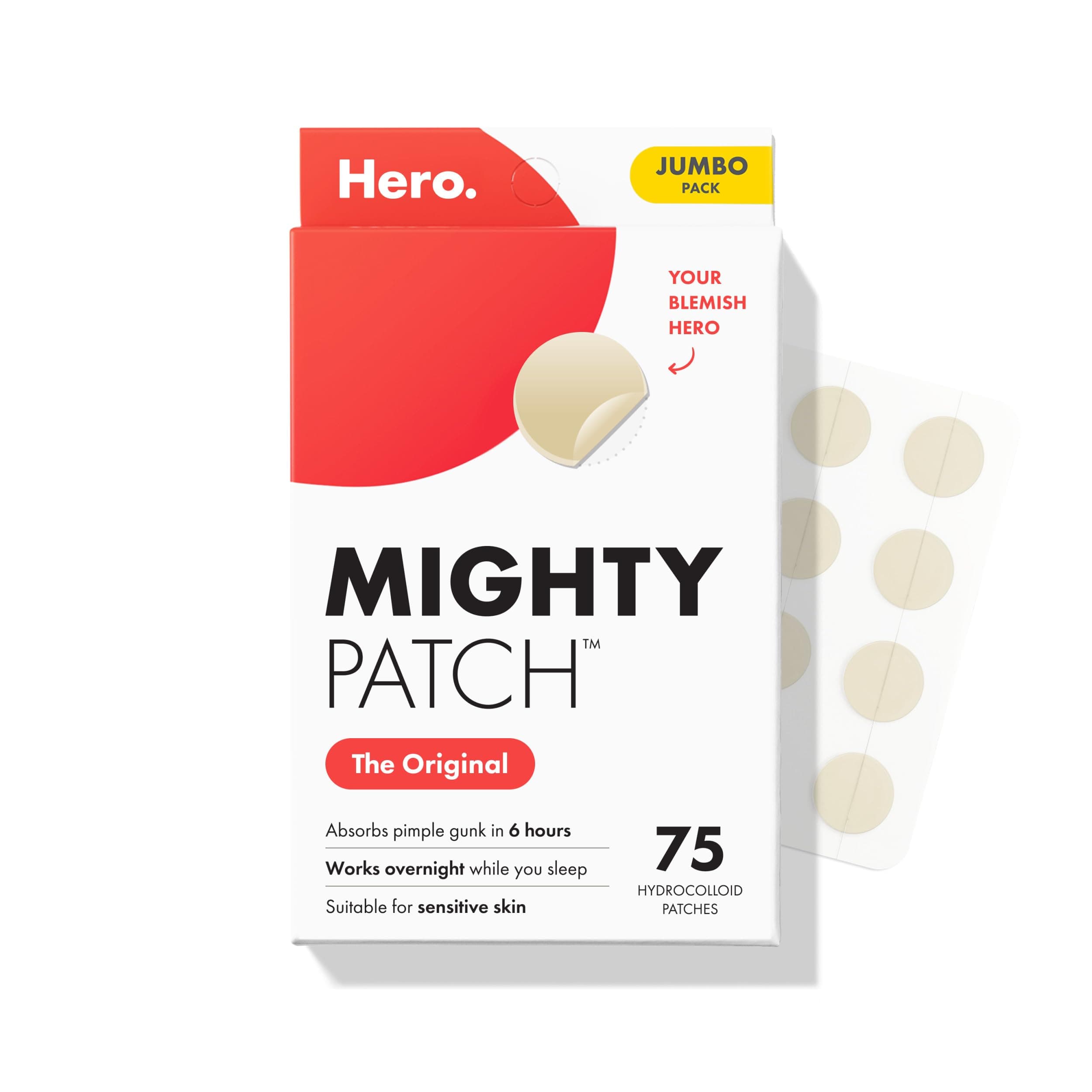 Mighty Patch Original Patch from Hero Cosmetics - #1 Hydrocolloid Acne Pimple Patches for Face, Shrinking Zits & Whiteheads in 1 Use, Nighttime Spot Pimple Stickers for Face, 75 Count