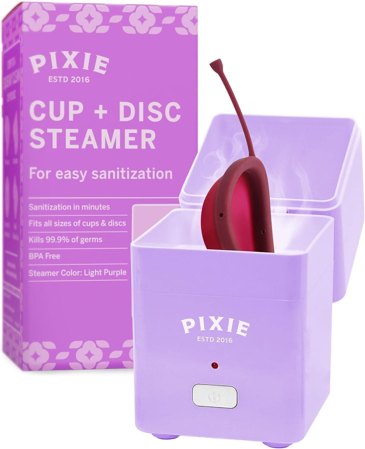 Pixie Menstrual Cup Sterilizer for Feminine Care - Ranked 1 for The Best Steamer - Kills 99.9% of Germs with Steam - Wash Your Period Disc or Cup in 3 Minutes! - Automatic Timing Shut-Off Switch