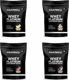 NAKPRO PLATINUM 100% Whey Protein Isolate | 28.11g Protein, 6.42g BCAA | Easy Mixing, Low Carbs, Easy Digesting Whey Protein Supplement Powder for Men, Women & Athletes | 2 Kgs (500g*4 Nos) Banana, Coffee, Cookies & Cream, Cream Chocolate Flavour (60 Servings)