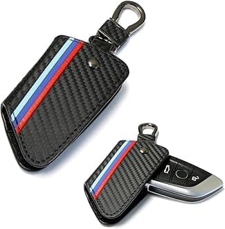 Iconic 3-Color Stripe Black Carbon Fiber Pattern Leather Key Holder w/Keychain Compatible With BMW 2016-22 X1, 2019-22 X4, 2014-22 X5, 2015-22 X6, 2017-22 5 Series & 2016-22 7 Series