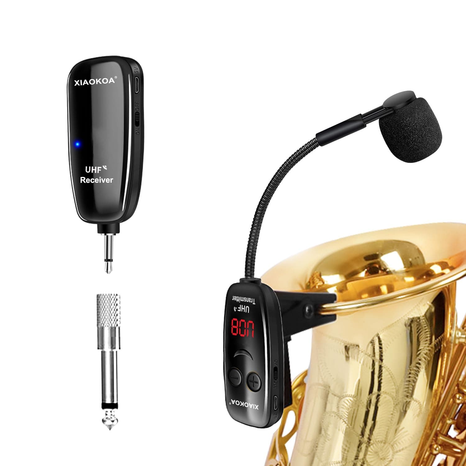 Wireless Saxophone Microphone, UHF Clip Instruments Mic, 40 channels Rechargeable Transmitter and Receiver,164ft Range with LED Screen, Great for Sax, Trumpet, Tuba, Trombone, Cornet, FrenchHorn
