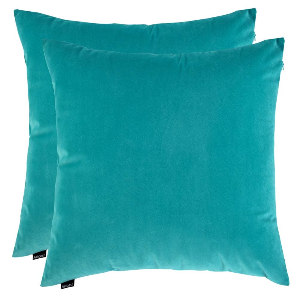 Artcest Set of 2, Cozy Solid Velvet Throw Pillow Case, Decorative Couch Cushion Cover, Soft Sofa Euro Sham with Zipper Hidden, 14"x14" (Light Teal)