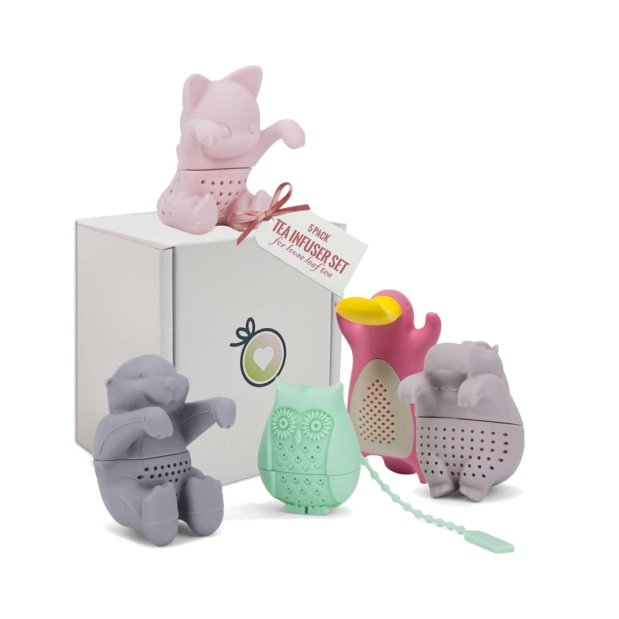 Tea Infuser for Loose Leaf Tea-leaves - ParTea Pack Silicone Strainer Animals, A Fun and Ideal Gift for Friends, and Family, 5-Pack Loose Leaf Steeper Set in Soft Multi-Color Designs