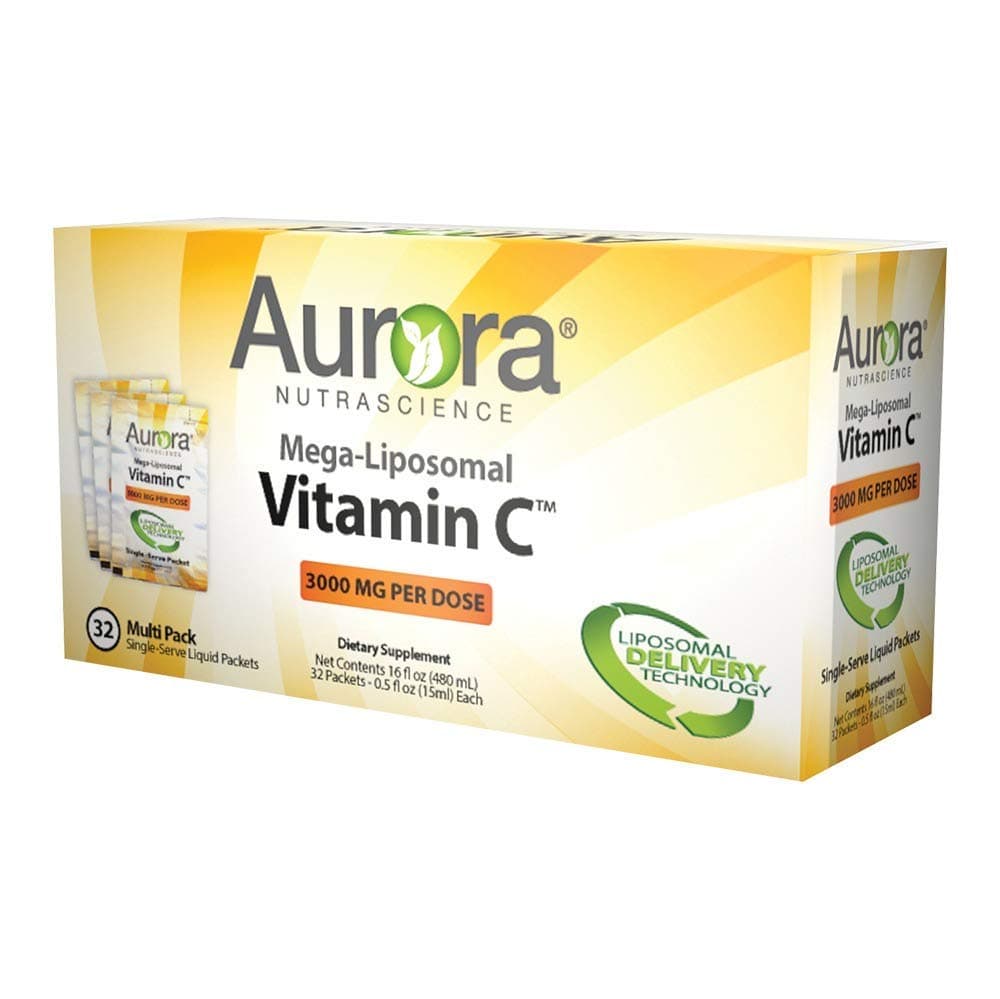 Aurora Nutrascience, Mega-Liposomal Vitamin C, 3,000 mg Per dose, Gluten Free, Non-GMO, Sugar Free, Organic Fruit Flavor, 32 Single-Serve Liqud Packets, 0.5 fl oz (15 mL) Each