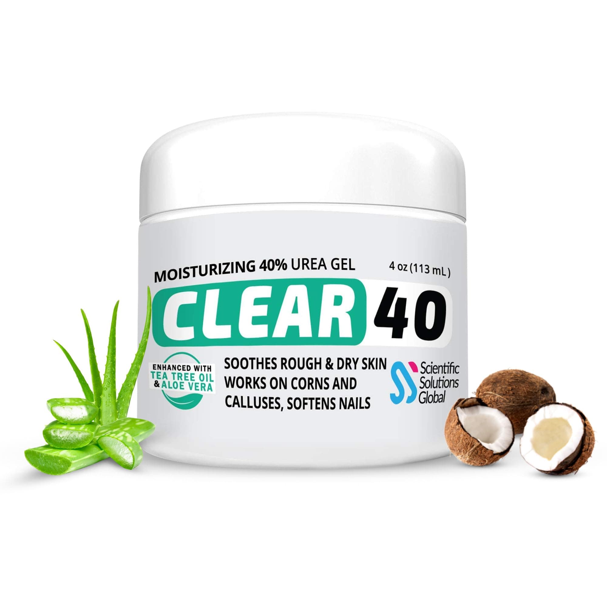 CLEAR 40, 40% Urea Gel, 4 oz w/Tea Tree & Coconut Oil, Aloe Vera Extract, Callus & Corn Remover Moisturizes & Softens Cracked Heels, Feet, Elbows, Hands, Nails, Re-hydrates skin better than creams