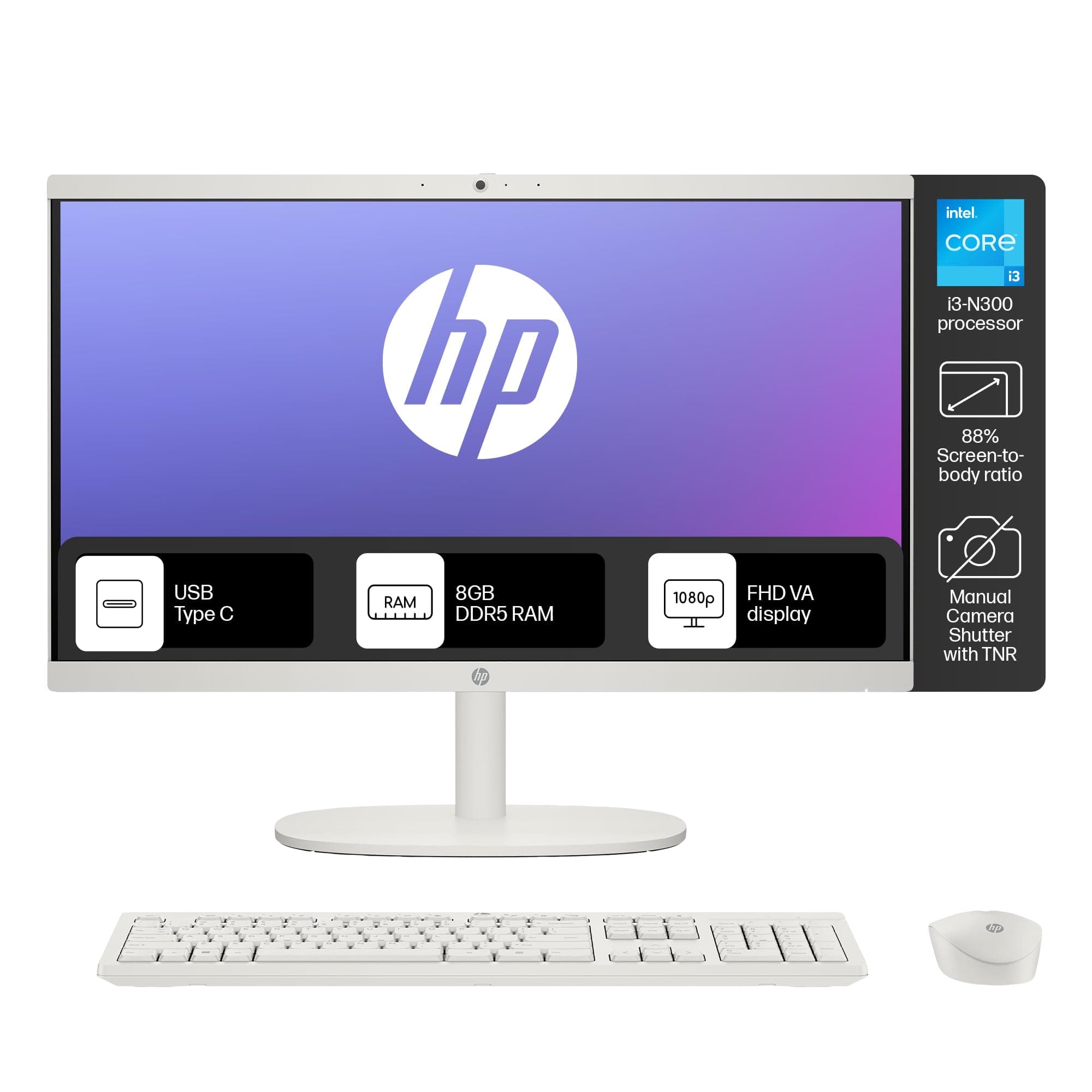 HP All-in-One Desktop Intel® Core™ i3-N300,21.5 inch(54.5cm),FHD,Anti-Glare,8 GB DDR5, 512GB SSD,White Wireless Keyboard and Mouse Combo,White, Windows 11, 4.17kg,22-dg0786in
