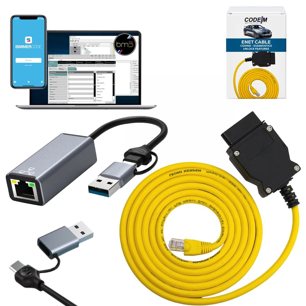 ENET Cable BMW + USB-C + USB A Adapter | OEM OBD2 for BMW F G i Series Coding | E SYS ISTA+ ICOM Bootmod3 Bimmercode Compatible | Heavy Duty Cable | For CarPlay Activation, OBD2 to Ethernet 3 in 1