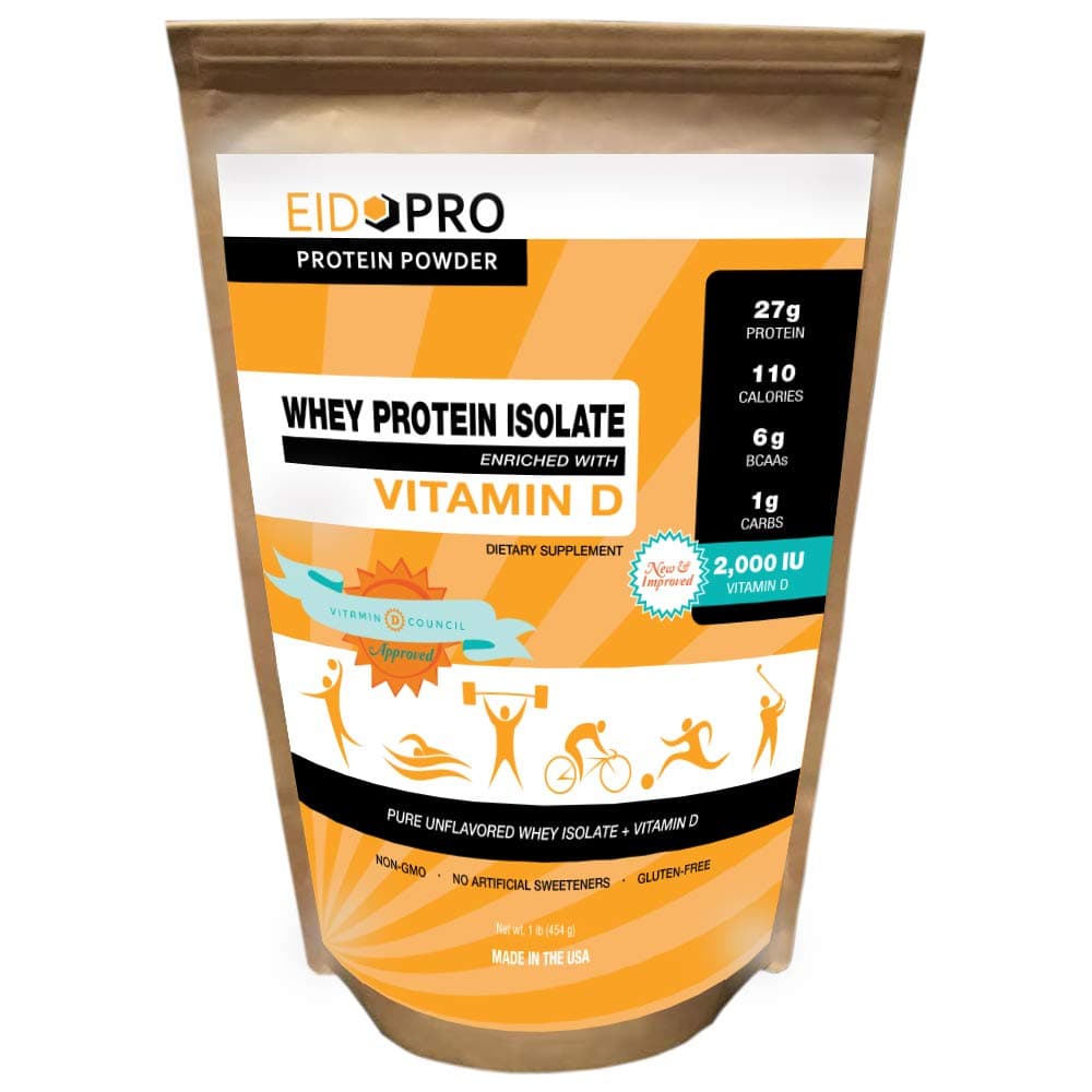 EIDOPRO Unflavored Protein Powder Plus 2000 IUs Vitamin D - Endorsed by the Vitamin D Council (Pure Whey Protein ISOLATE + 2000 IUs Vitamin D, 27g Protein, Unsweetened, Unflavored, 1 Pound Bag)