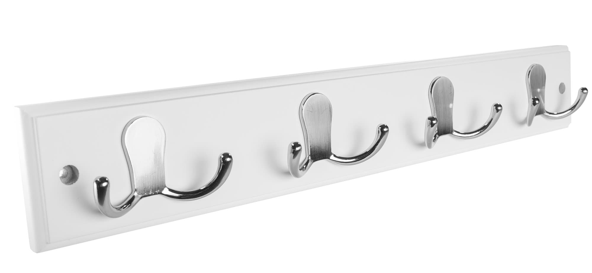 Hookiom 628W Coat and Hat Hook Rack with 4 Satin Nickel Hooks, White Finish Rail
