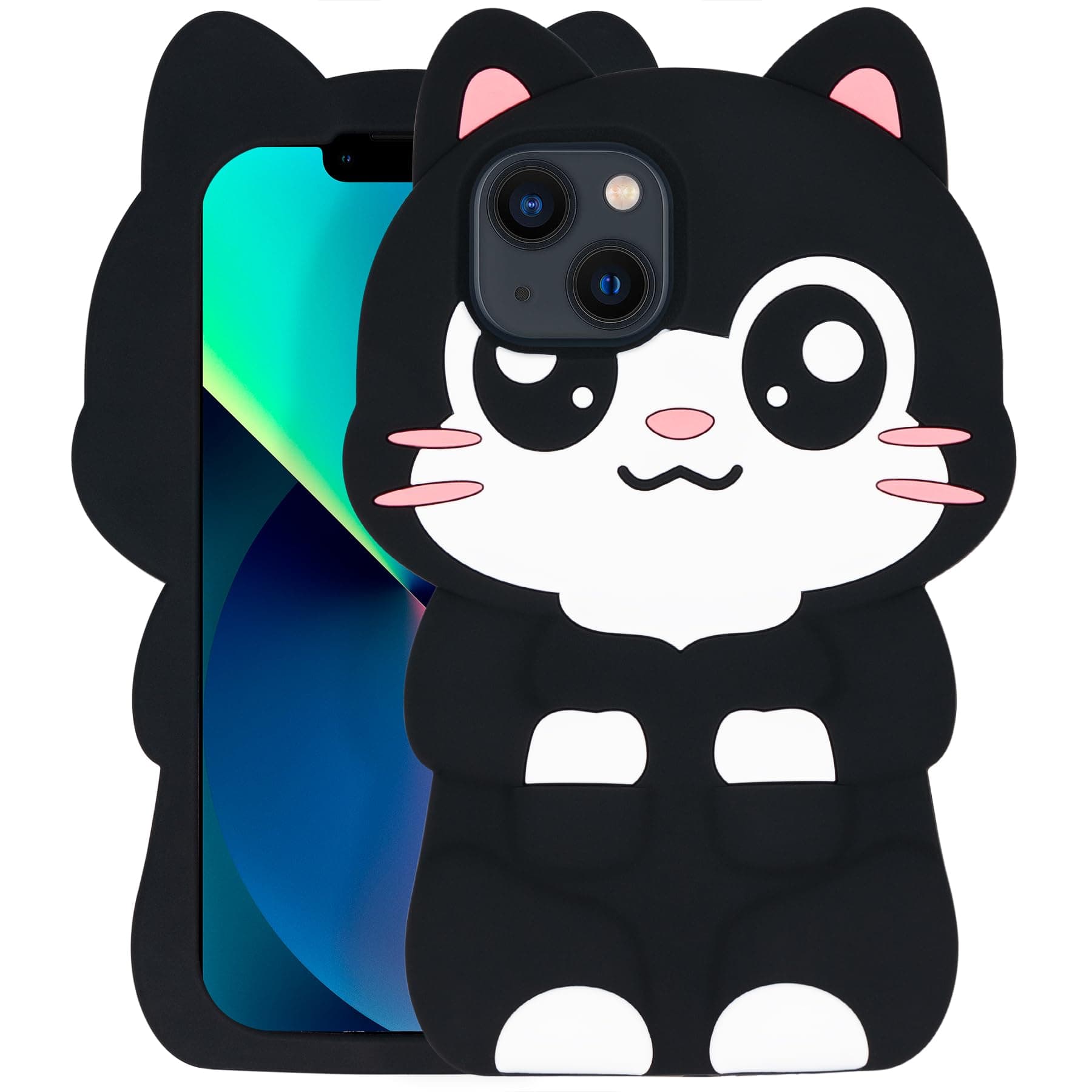 Mouzor Cute iPhone 13 case, Black Cat Kitty iPhone 14 Case, Kitten Funny Animal 3D Cartoon Soft Silicone Shockproof Case Cover for Girls Kids Women