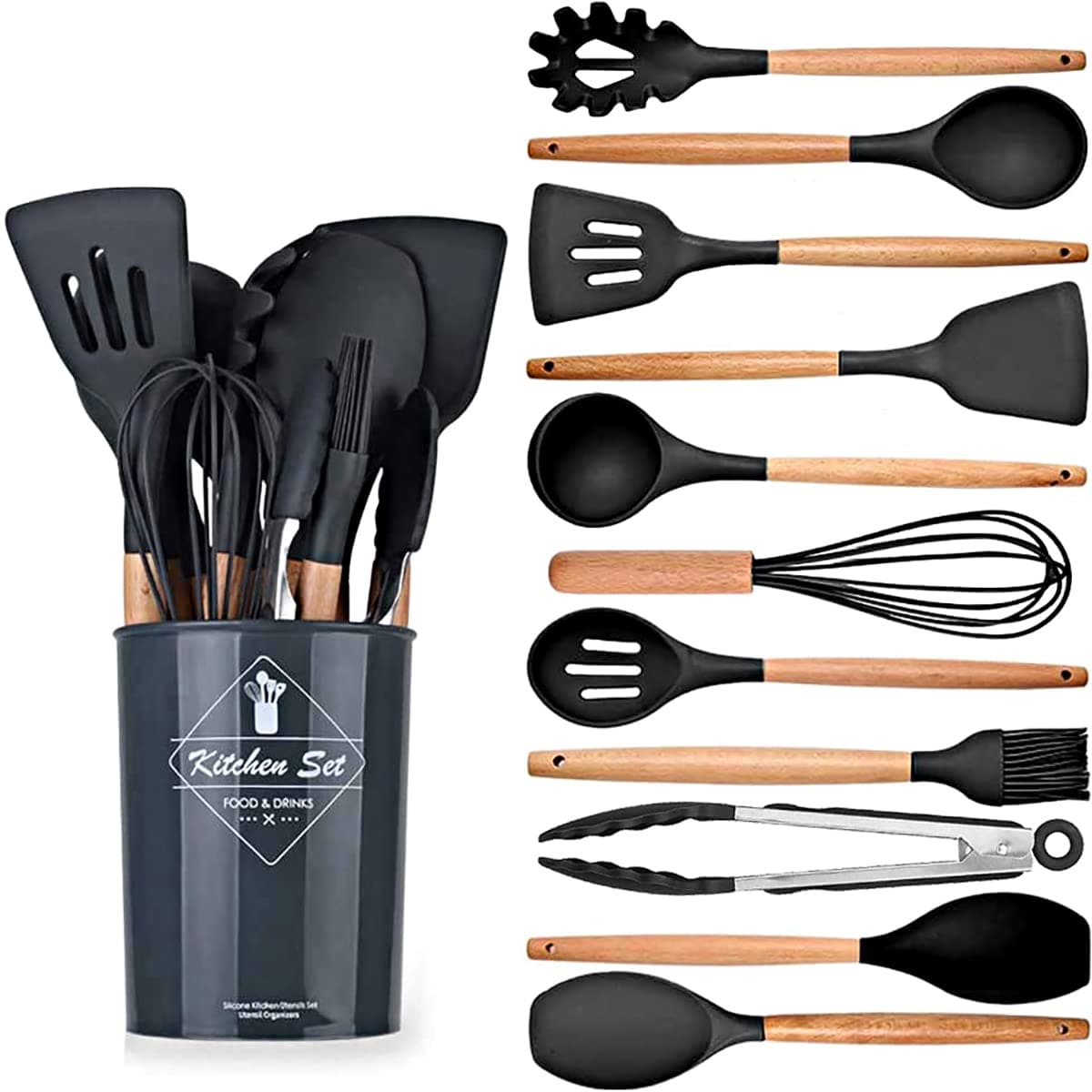 Kitchen Utensils Set, 12 pcs Non-Stick Silicone Cooking Kitchen Utensils Spatula Set with Holder, Cooking Spatula Turner Heat Resistant Tools with Wooden Handle (Black Grey)