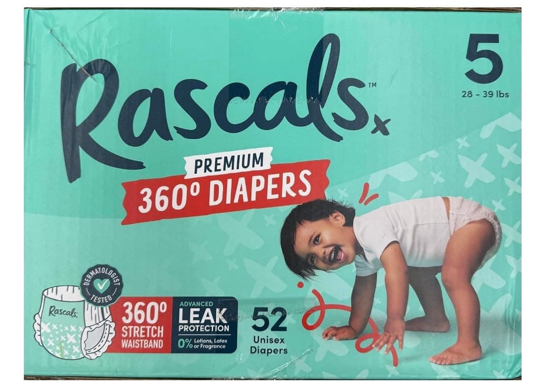 Rascal + Friends Premium 360 Absorbent Pull-On Diapers, Size 5, 52 Count ~ (1 Pack).